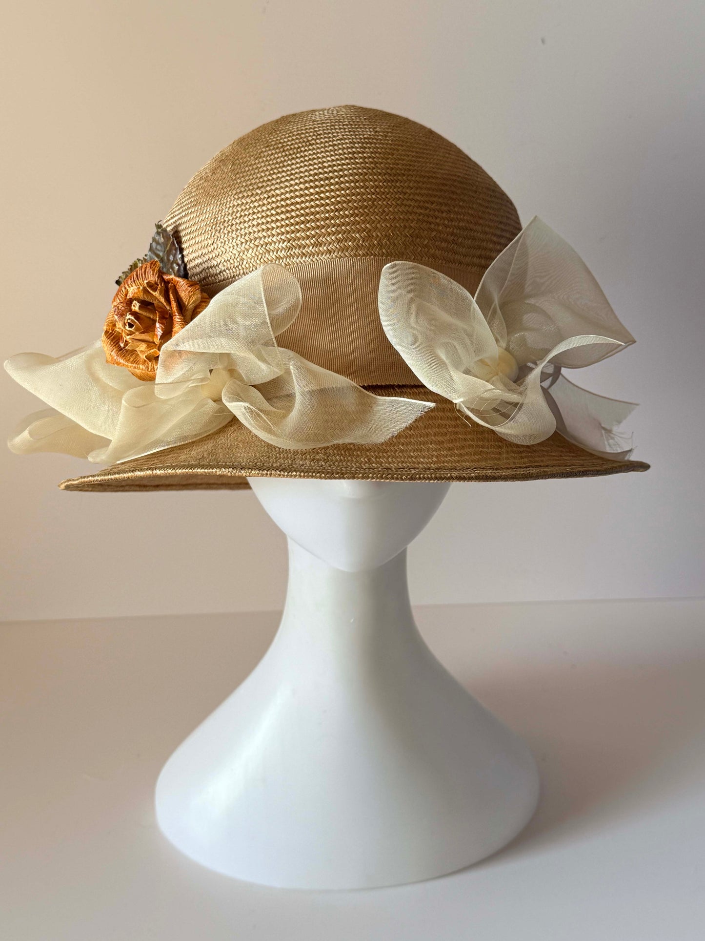 Vintage Loni San Francisco Straw Hat Ivory Organza Rose Wide Brim Womens Garden Party Wedding Hat