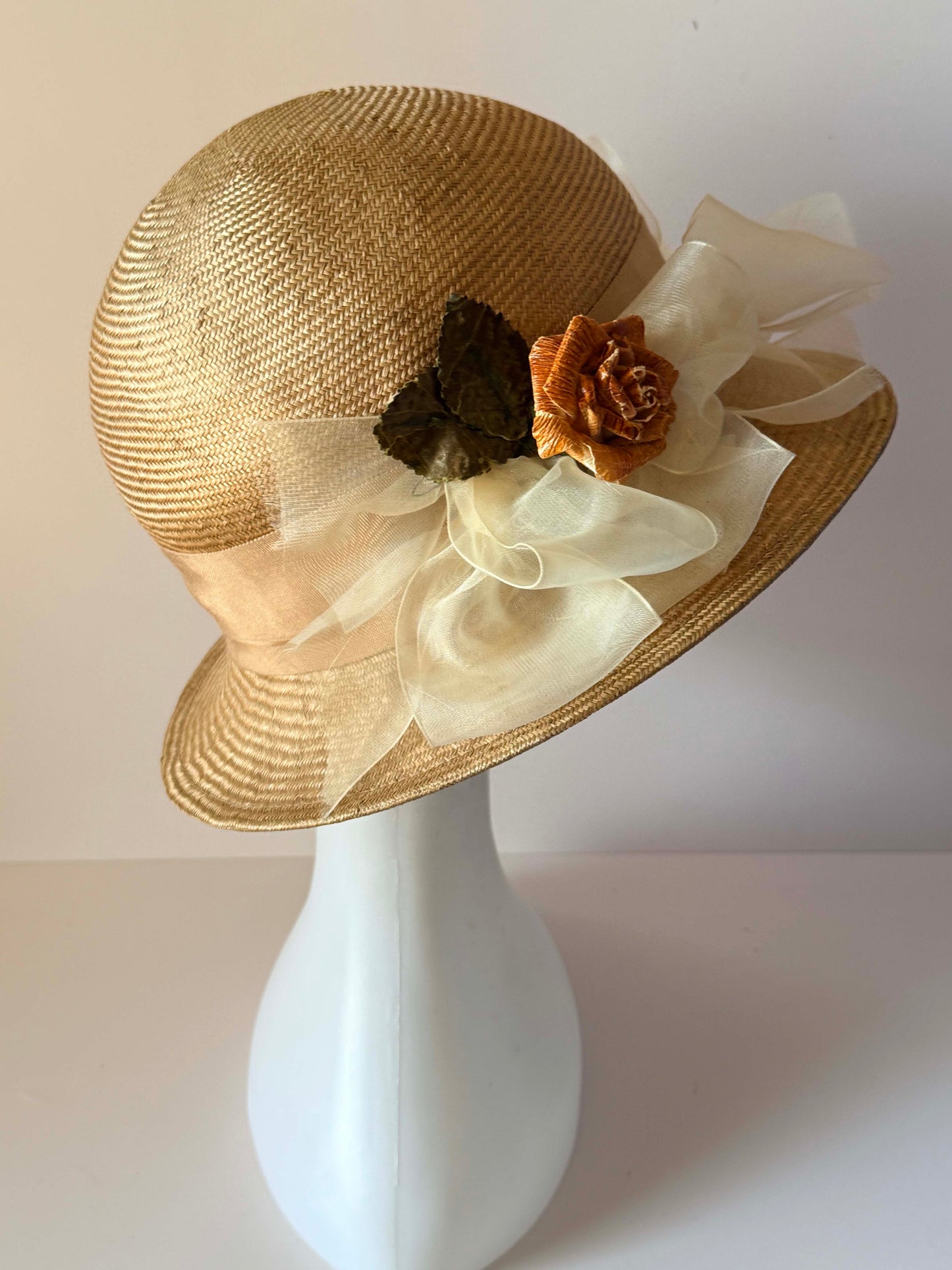 Vintage Loni San Francisco Straw Hat Ivory Organza Rose Wide Brim Womens Garden Party Wedding Hat