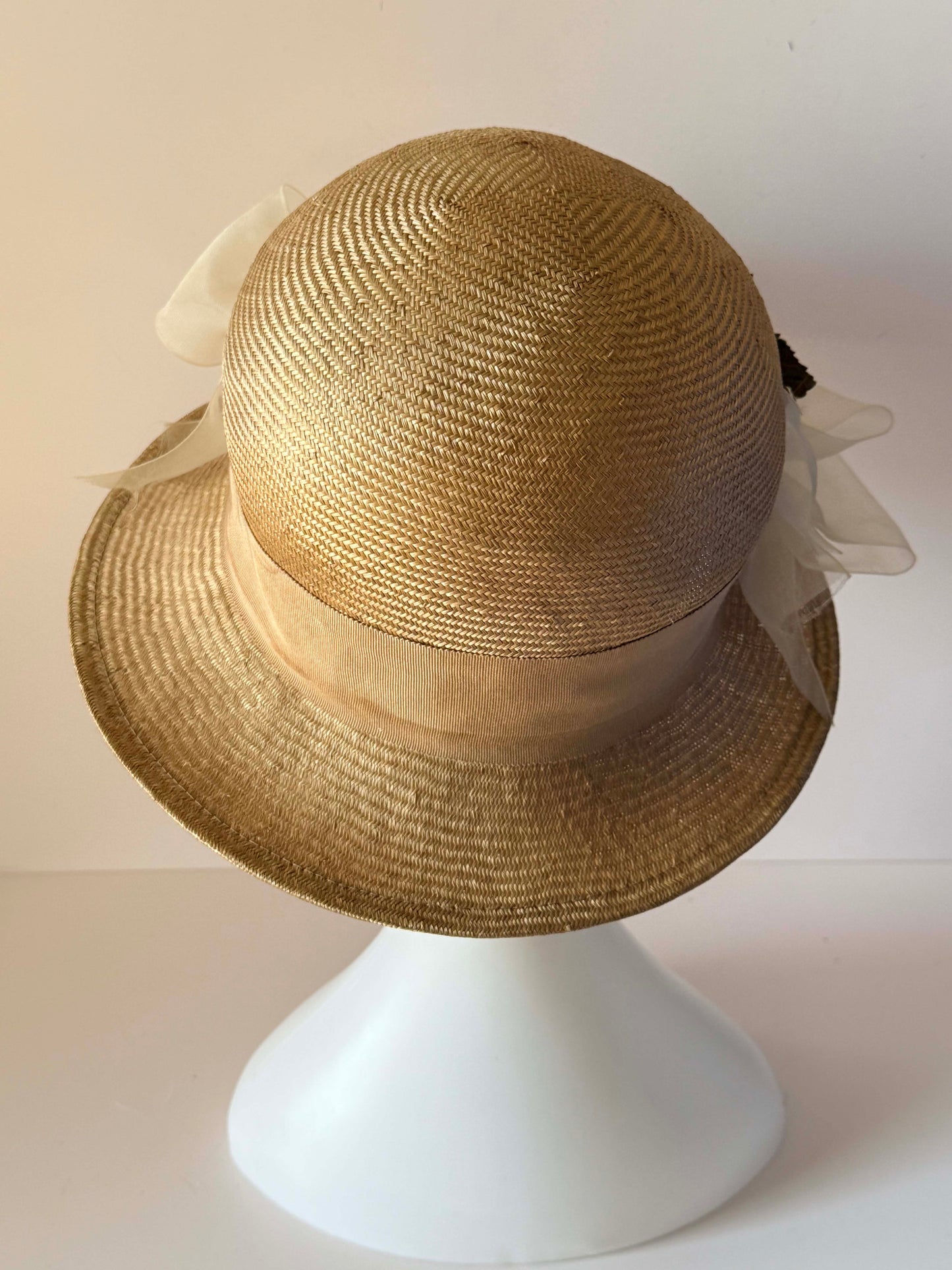 Vintage Loni San Francisco Straw Hat Ivory Organza Rose Wide Brim Womens Garden Party Wedding Hat