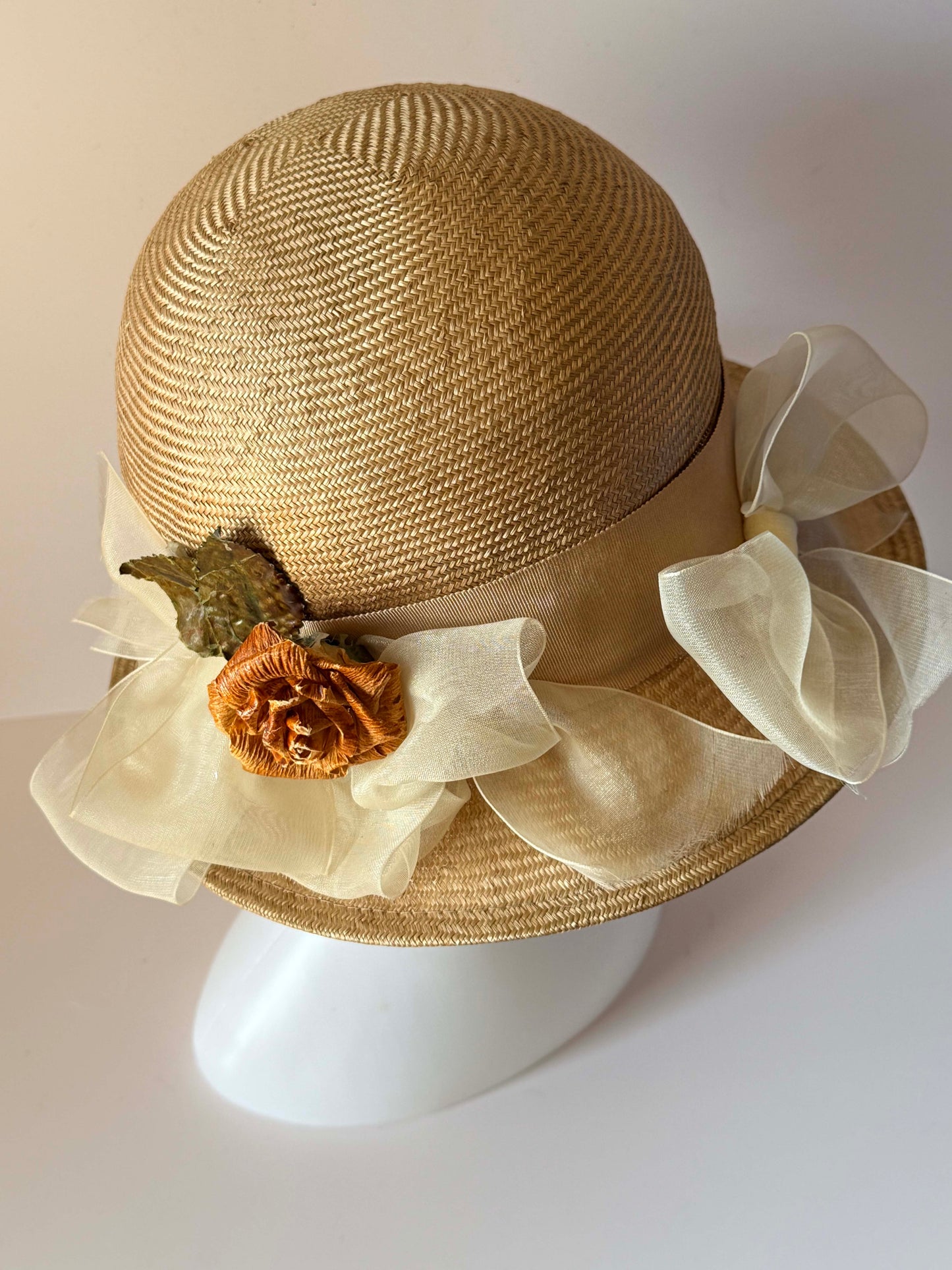 Vintage Loni San Francisco Straw Hat Ivory Organza Rose Wide Brim Womens Garden Party Wedding Hat