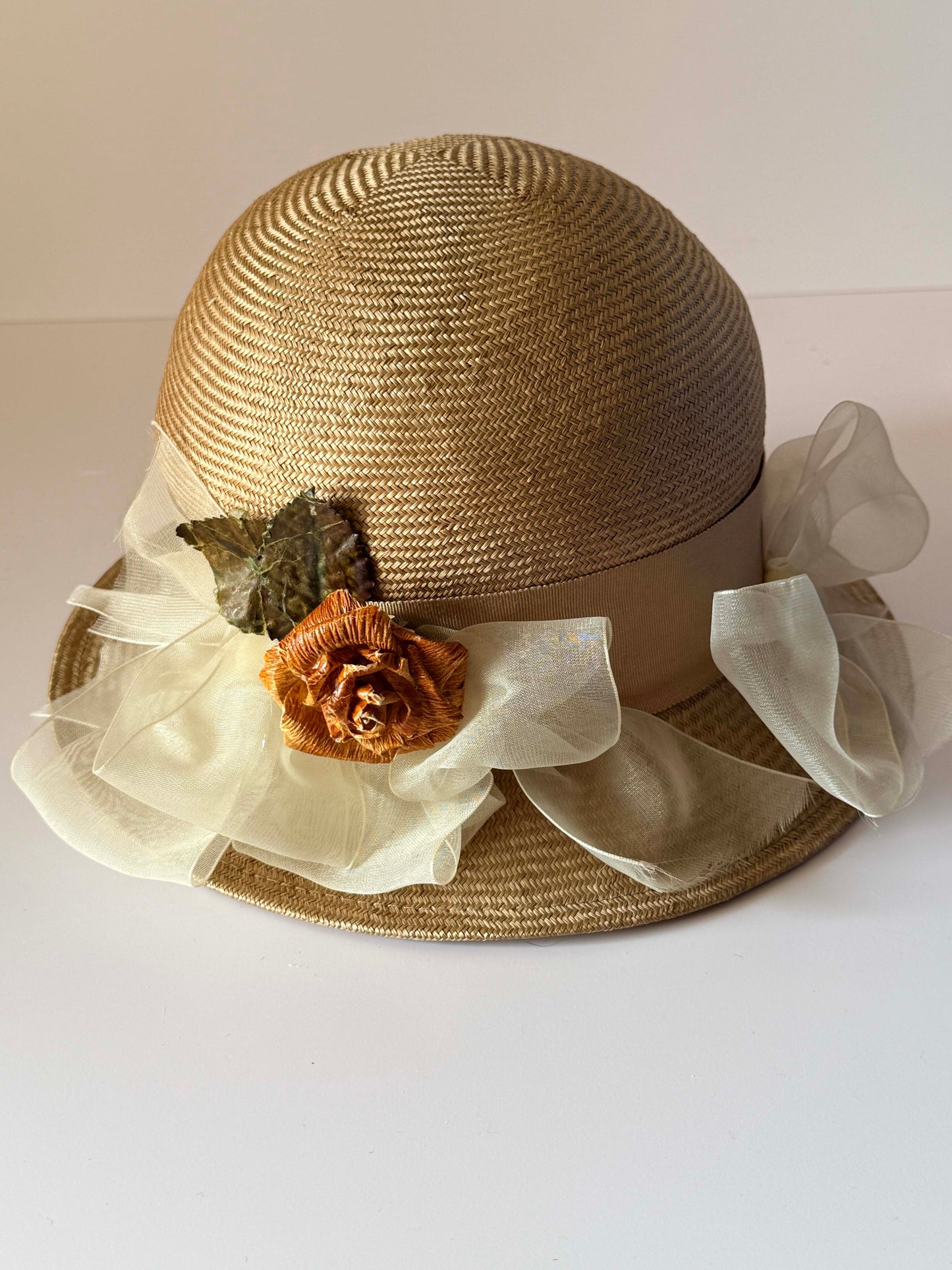 Vintage Loni San Francisco Straw Hat Ivory Organza Rose Wide Brim Womens Garden Party Wedding Hat