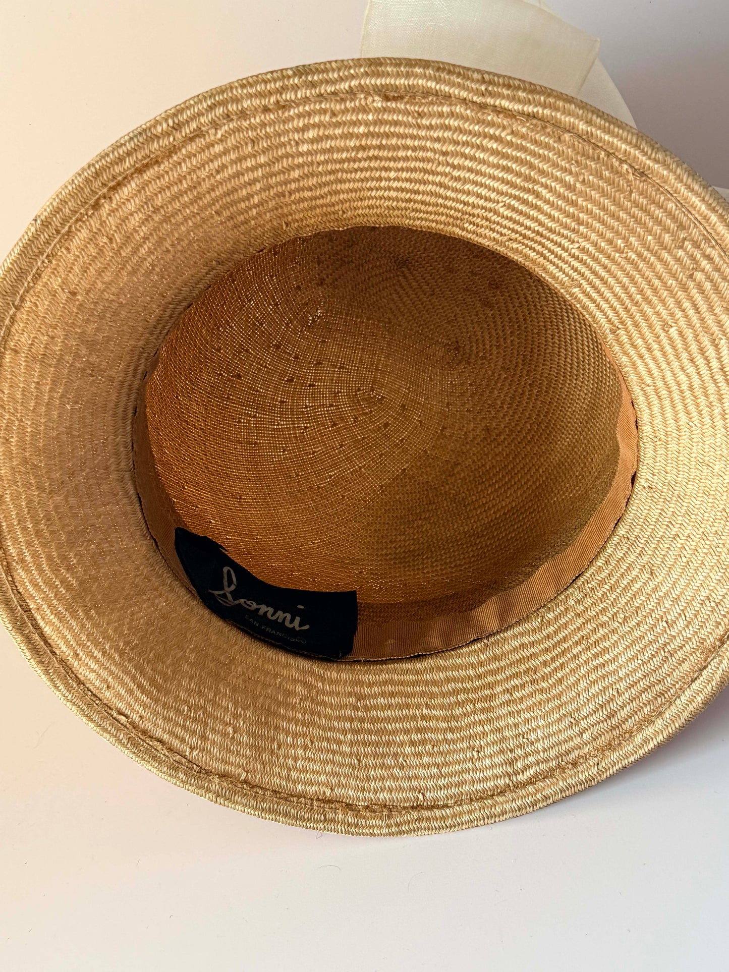 Vintage Loni San Francisco Straw Hat Ivory Organza Rose Wide Brim Womens Garden Party Wedding Hat