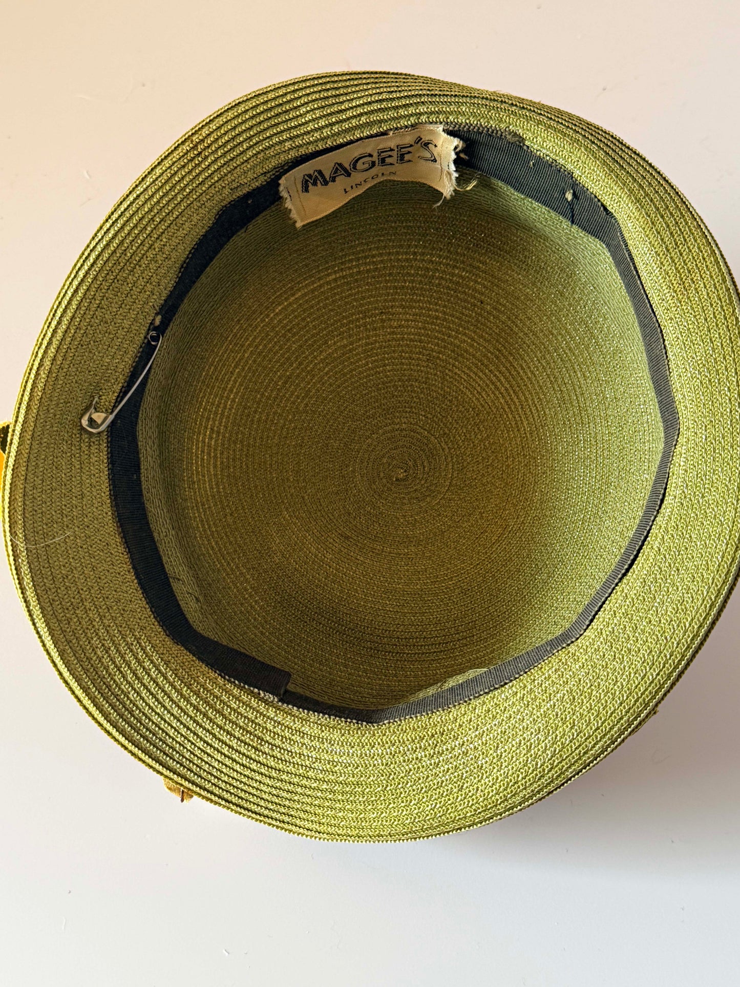 Vintage 1950s Magee’s Lincoln Green Straw Cloche Hat Floral Berry Trim Velvet Bows Womens Hat
