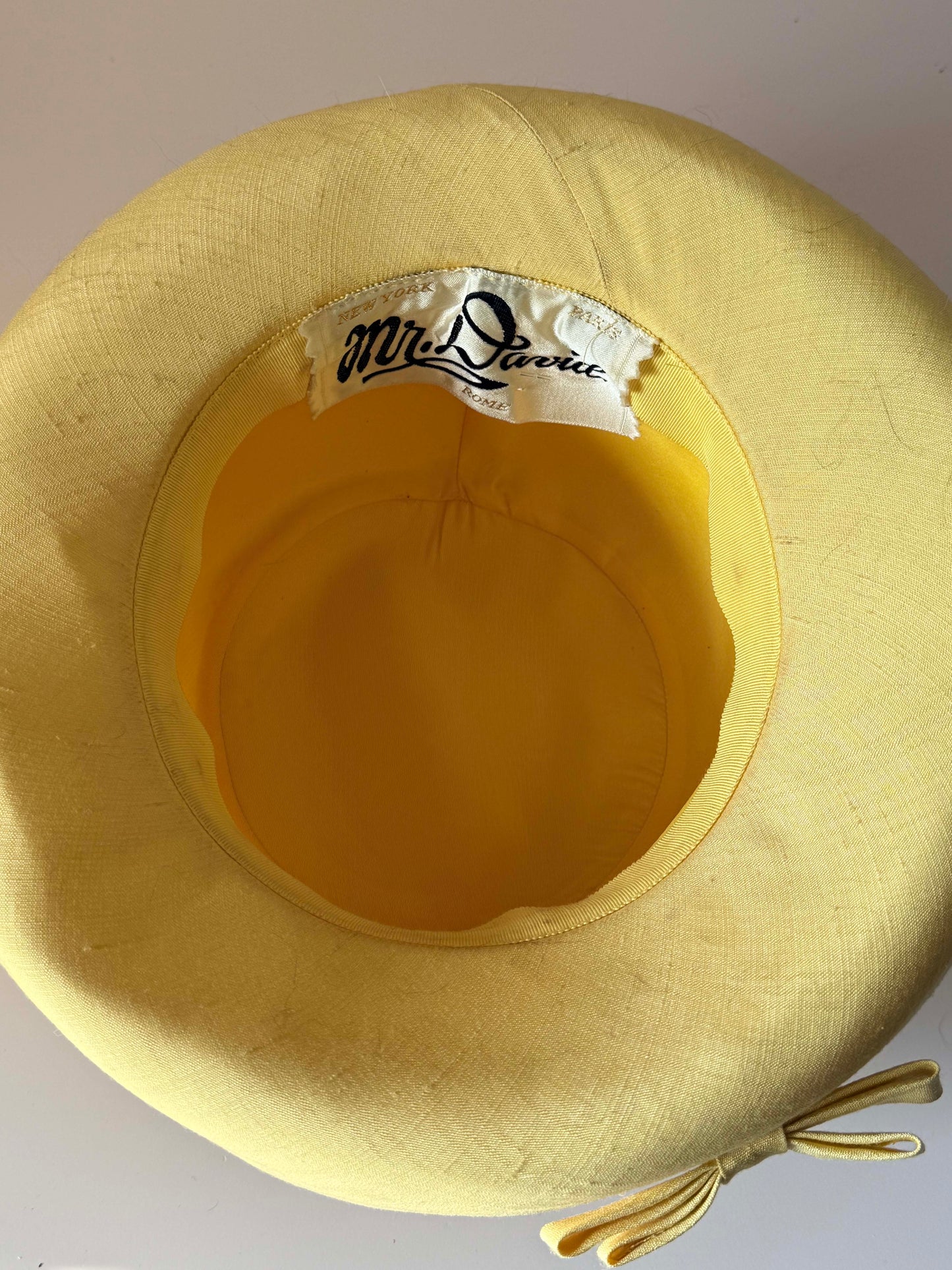 Vintage 1960s Mr David New York Yellow Wide Brim Hat Sculptural Mod Womens Millinery Bow