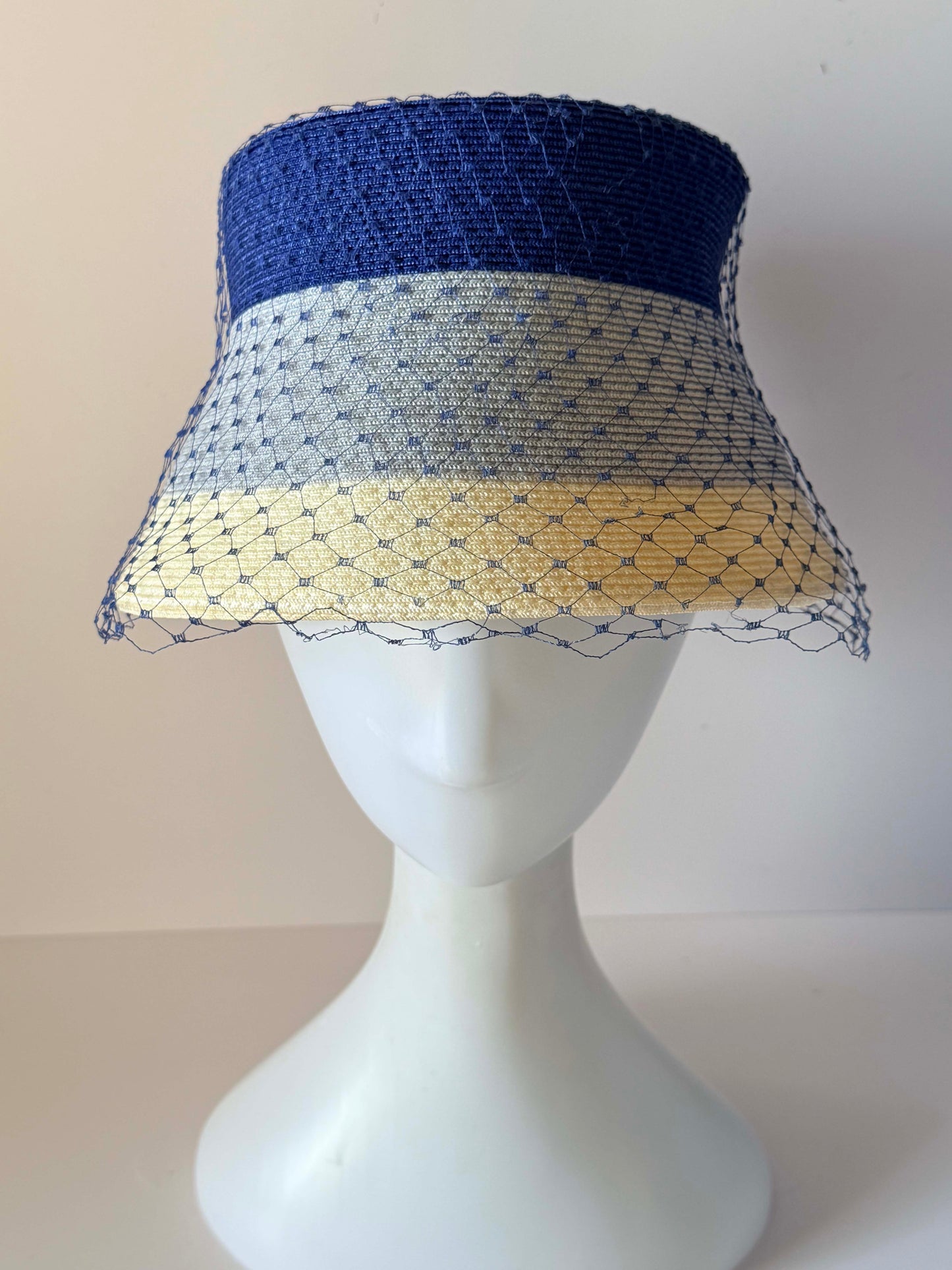 Vintage 1960s Navy Blue Gray Ivory Straw Hat Veiled Bucket Hat Mod Mid Century Women's Millinery
