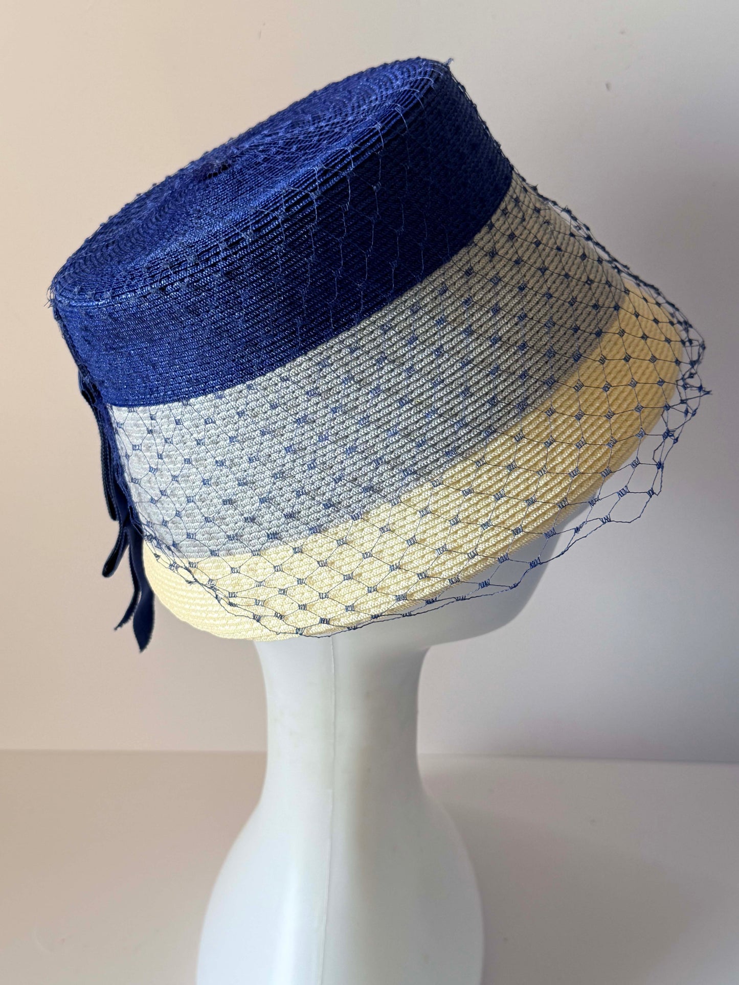 Vintage 1960s Navy Blue Gray Ivory Straw Hat Veiled Bucket Hat Mod Mid Century Women's Millinery