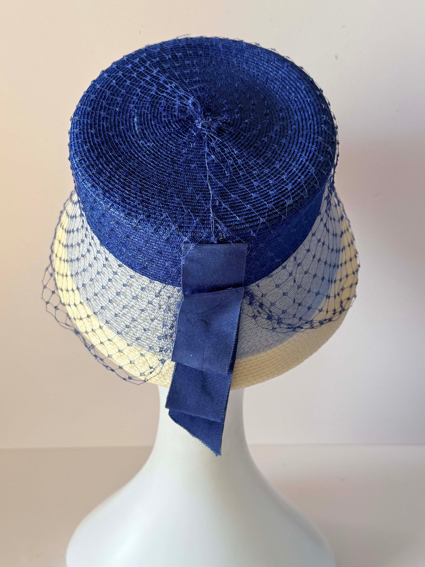 Vintage 1960s Navy Blue Gray Ivory Straw Hat Veiled Bucket Hat Mod Mid Century Women's Millinery