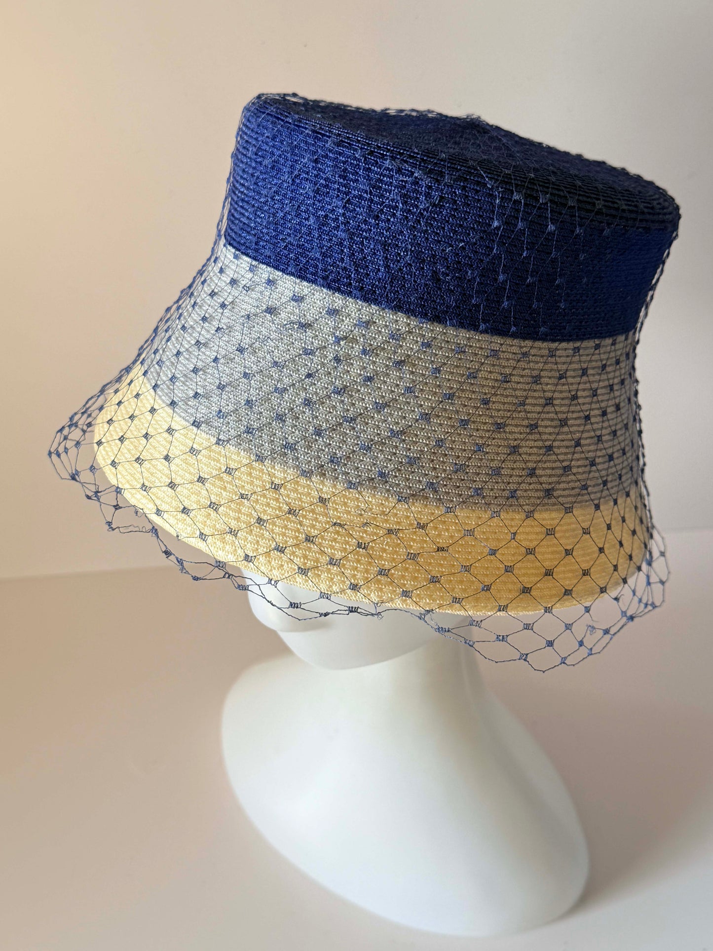 Vintage 1960s Navy Blue Gray Ivory Straw Hat Veiled Bucket Hat Mod Mid Century Women's Millinery
