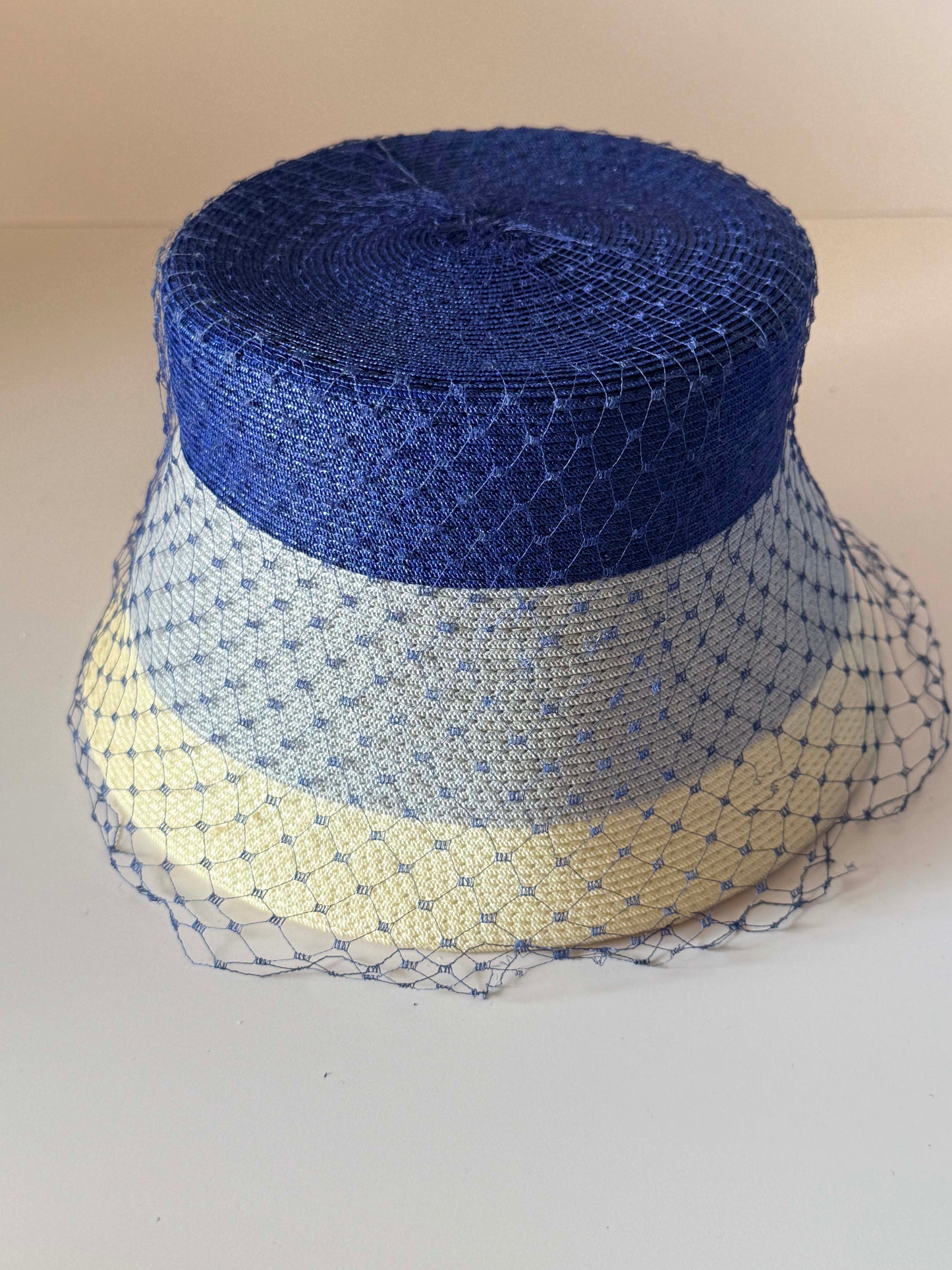 Vintage 1960s Navy Blue Gray Ivory Straw Hat Veiled Bucket Hat Mod Mid Century Women's Millinery