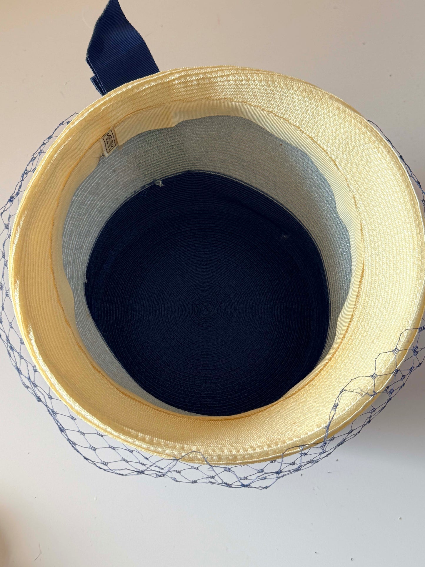 Vintage 1960s Navy Blue Gray Ivory Straw Hat Veiled Bucket Hat Mod Mid Century Women's Millinery