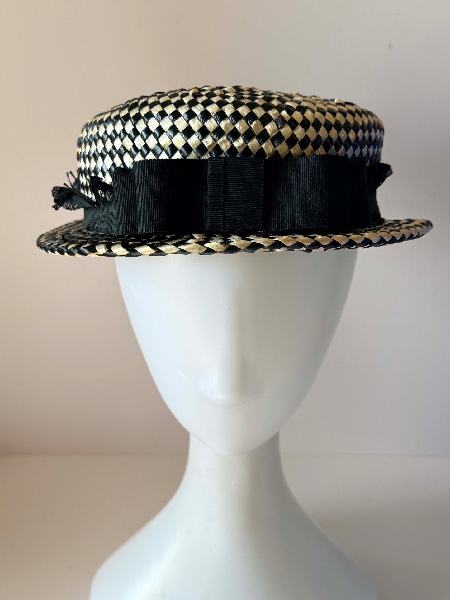 Vintage 1950s Black Ivory Straw Hat Woven Checkerboard Breton Hat Grosgrain Bow Mid Century Women's Millinery