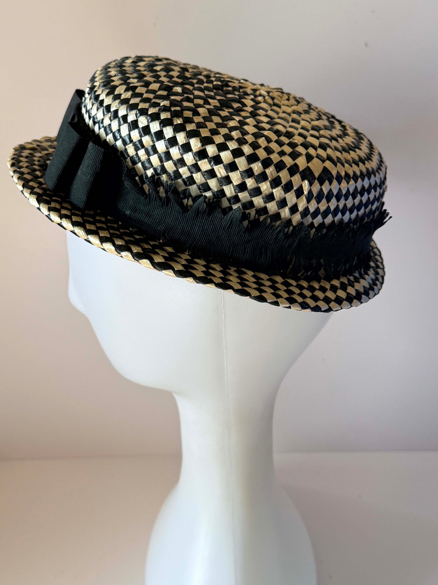 Vintage 1950s Black Ivory Straw Hat Woven Checkerboard Breton Hat Grosgrain Bow Mid Century Women's Millinery