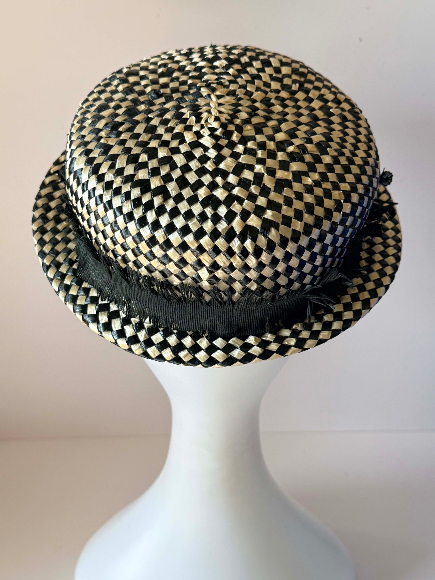 Vintage 1950s Black Ivory Straw Hat Woven Checkerboard Breton Hat Grosgrain Bow Mid Century Women's Millinery
