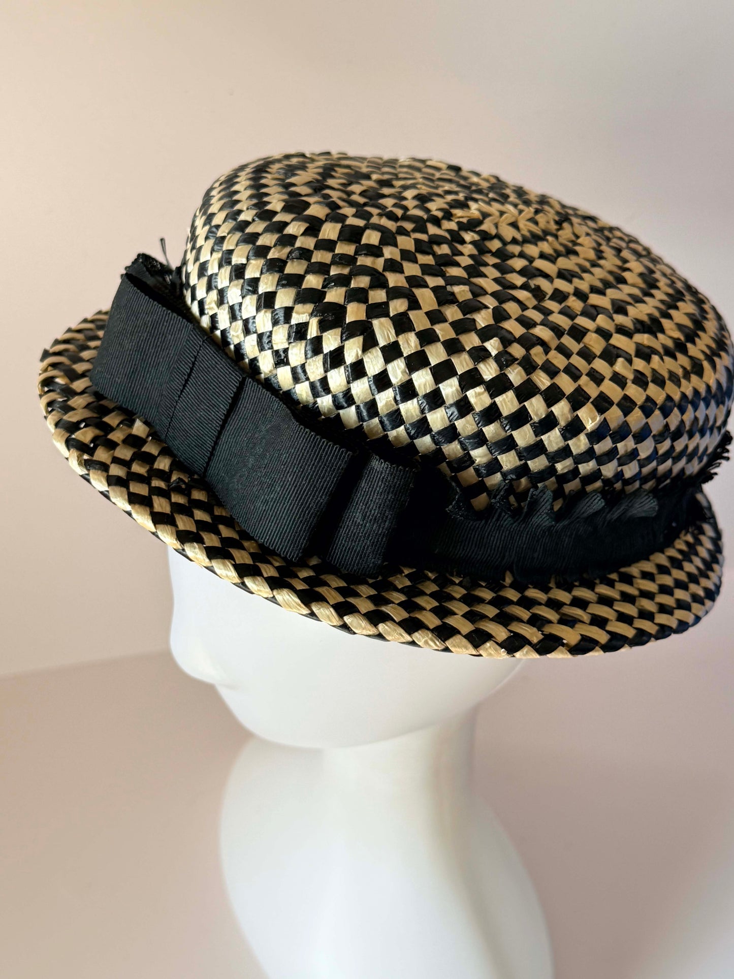 Vintage 1950s Black Ivory Straw Hat Woven Checkerboard Breton Hat Grosgrain Bow Mid Century Women's Millinery