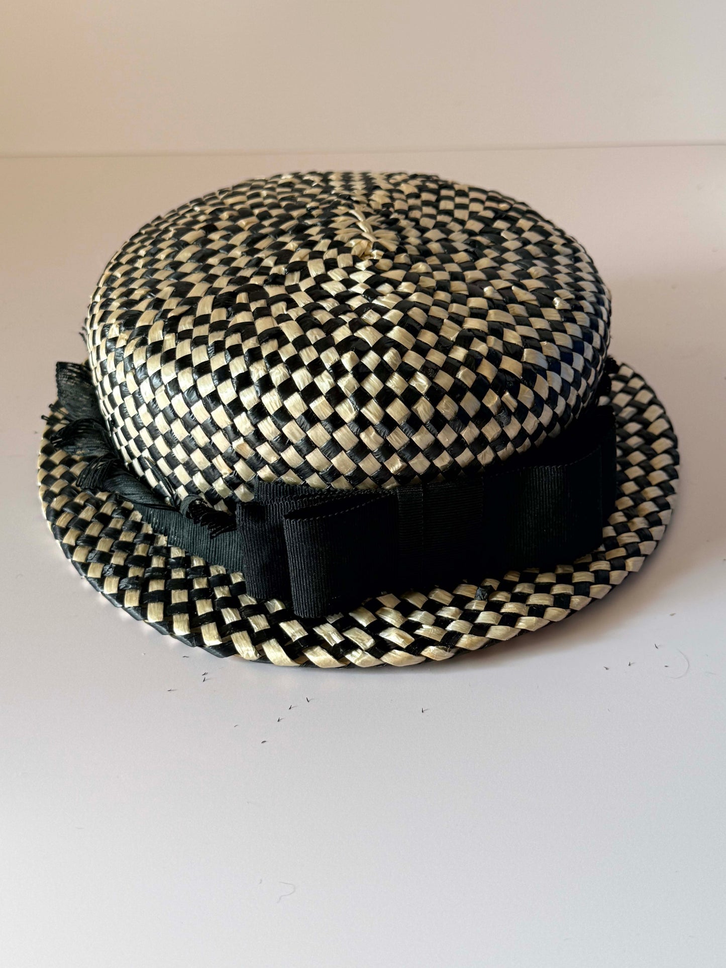 Vintage 1950s Black Ivory Straw Hat Woven Checkerboard Breton Hat Grosgrain Bow Mid Century Women's Millinery