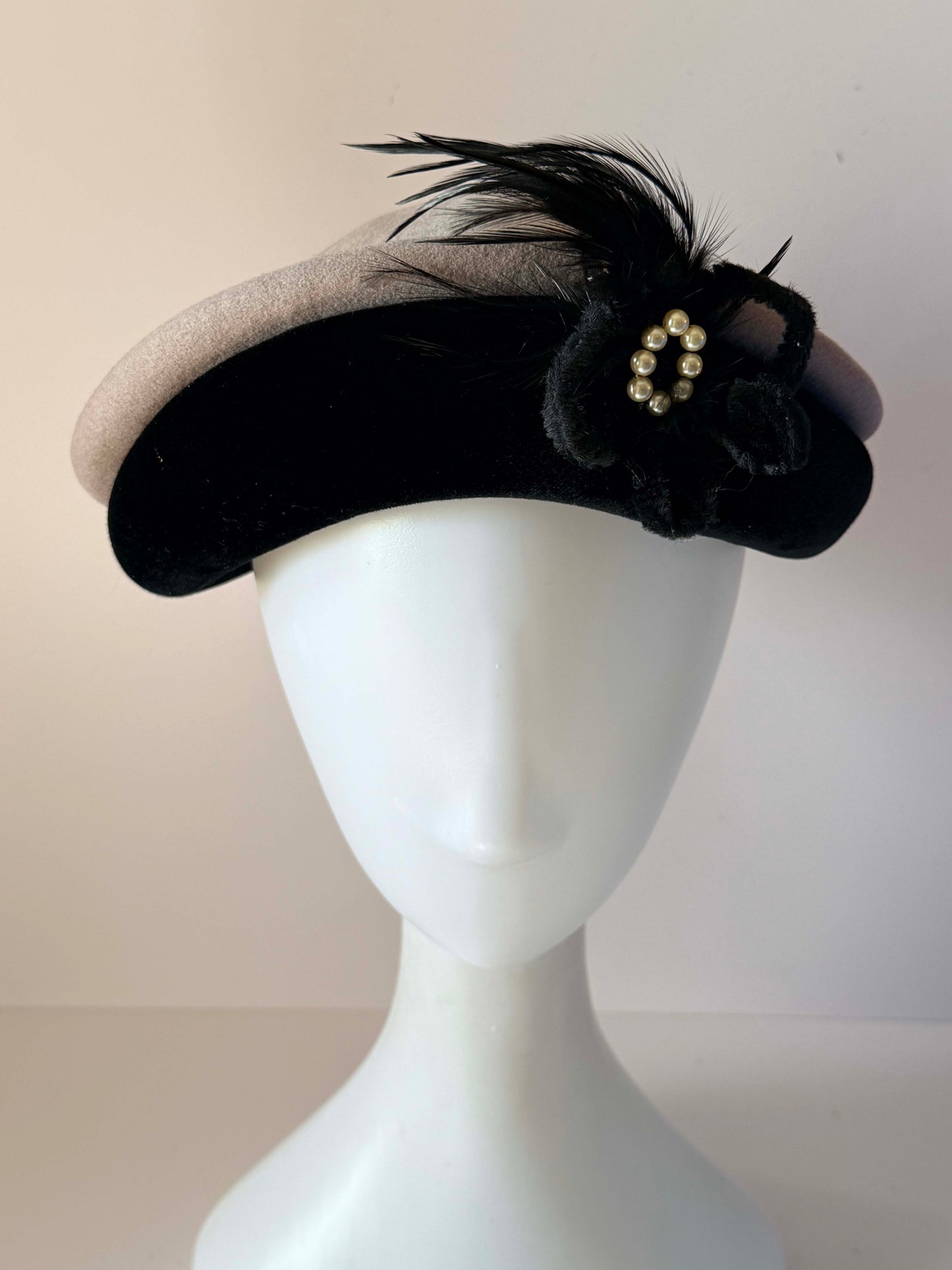 Vintage 1940s Glenover Hat Black Velvet Taupe Felt Tilt Hat Feather Pearl Trim WWII Era Women's Millinery