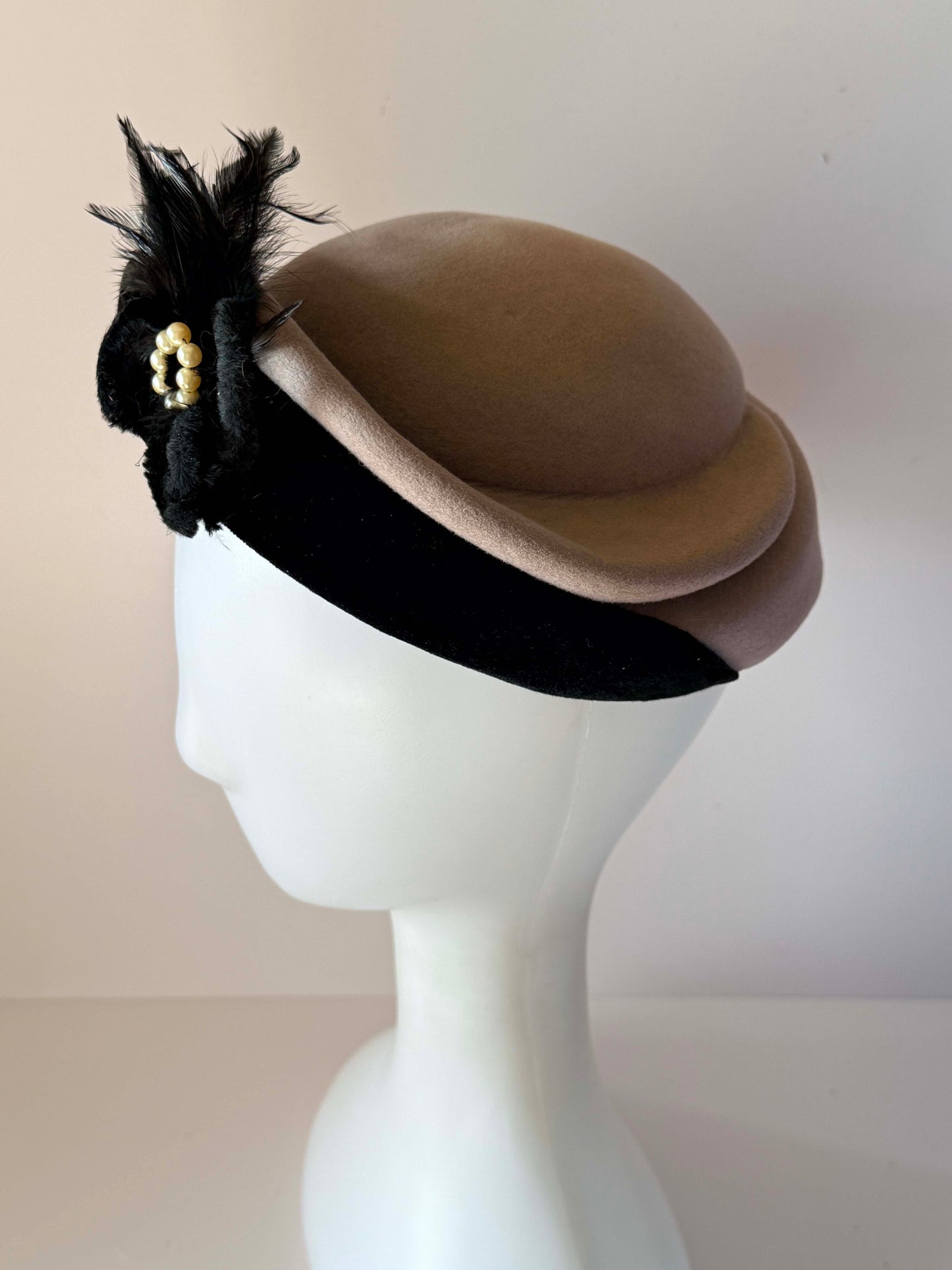 Vintage 1940s Glenover Hat Black Velvet Taupe Felt Tilt Hat Feather Pearl Trim WWII Era Women's Millinery