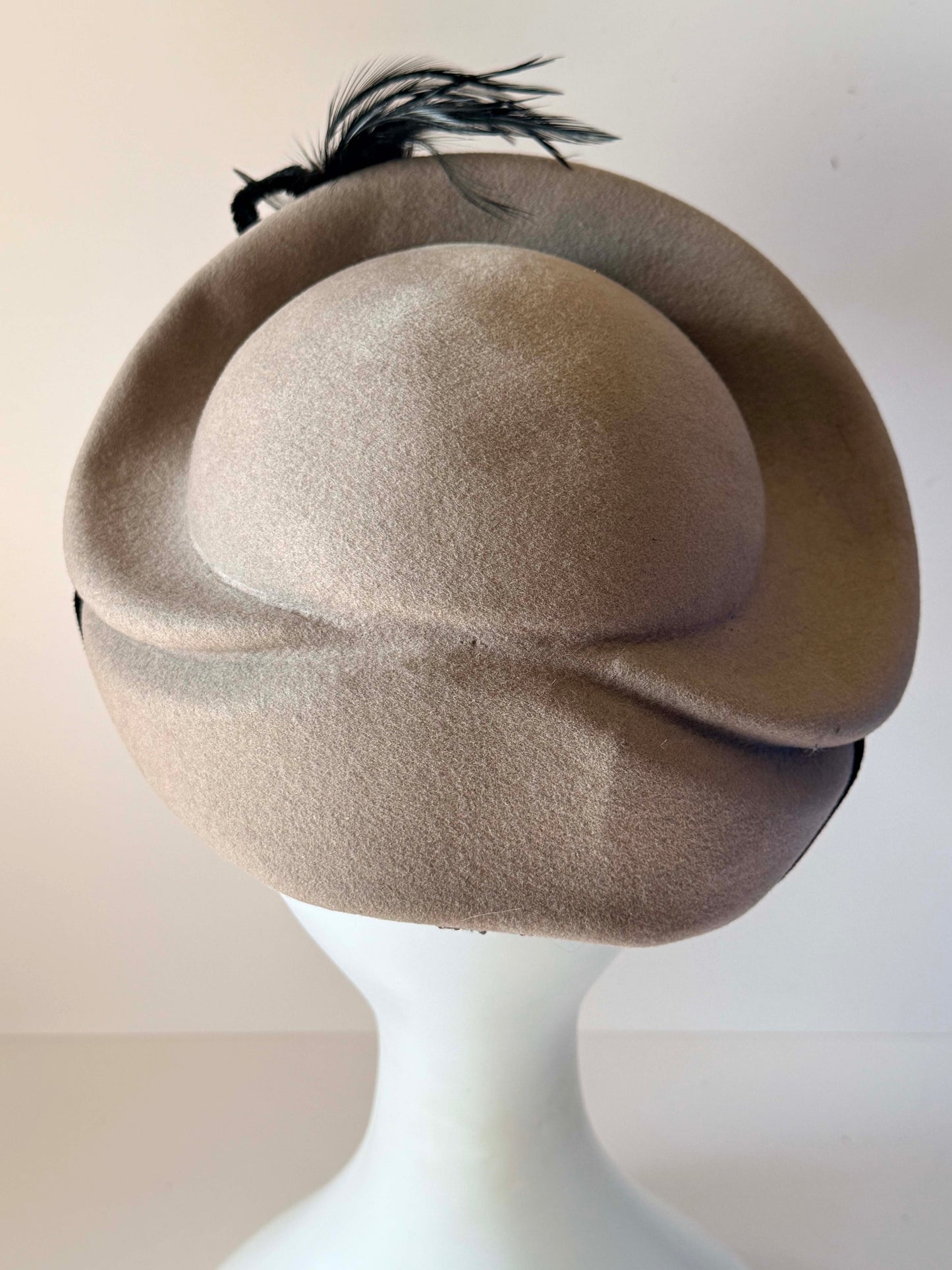 Vintage 1940s Glenover Hat Black Velvet Taupe Felt Tilt Hat Feather Pearl Trim WWII Era Women's Millinery