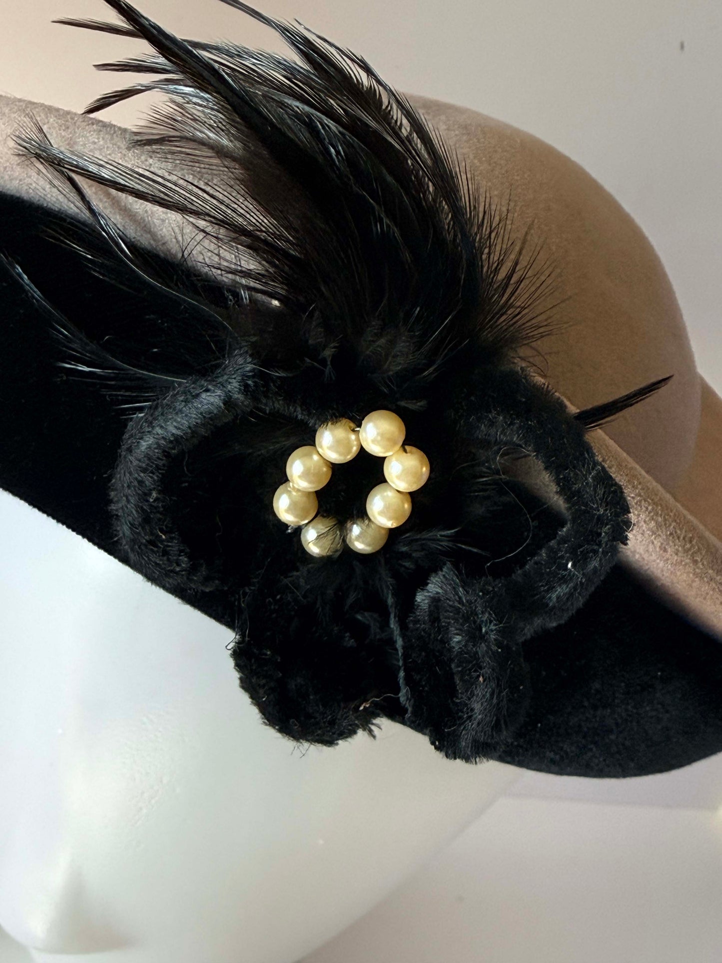 Vintage 1940s Glenover Hat Black Velvet Taupe Felt Tilt Hat Feather Pearl Trim WWII Era Women's Millinery