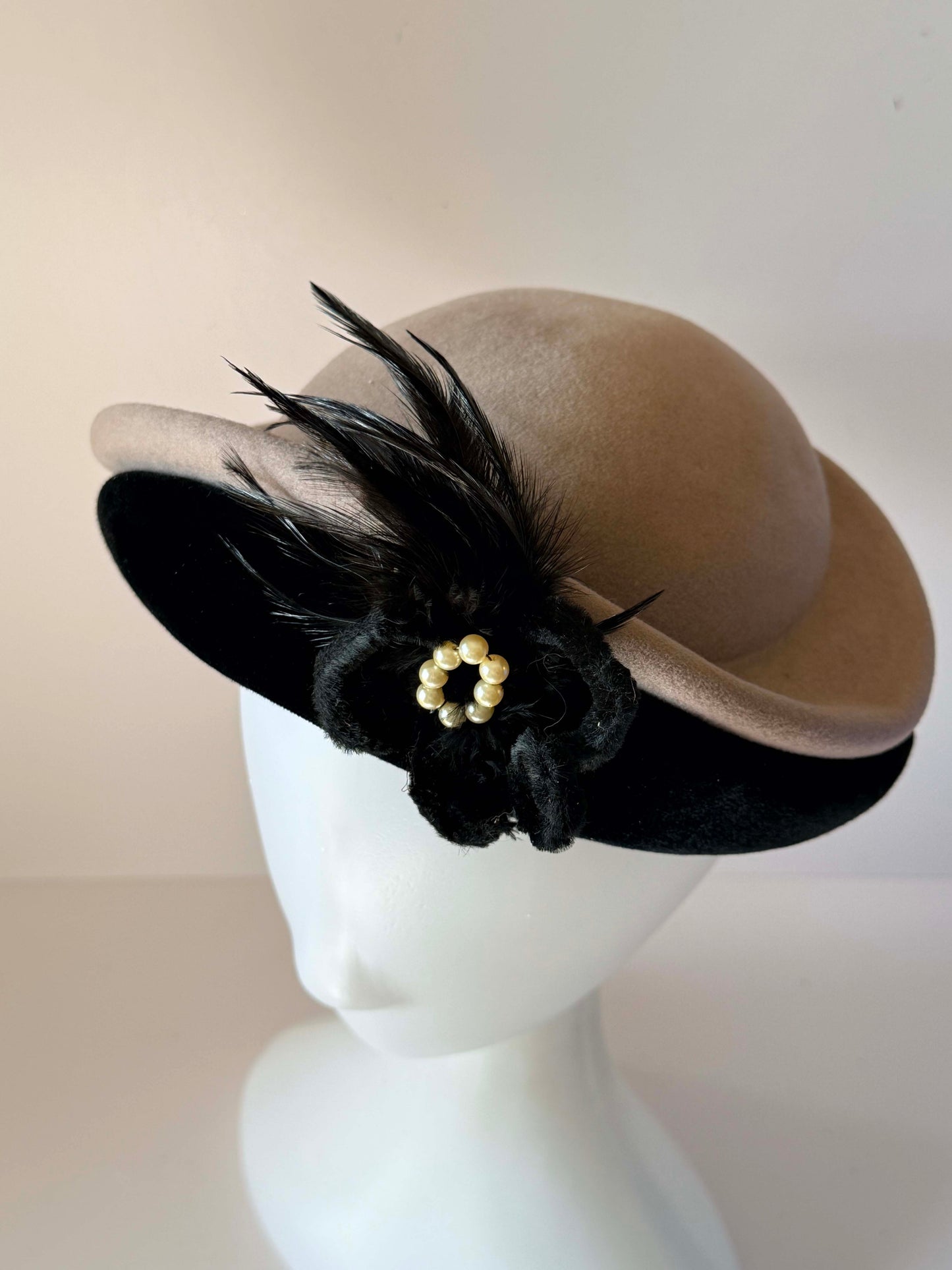 Vintage 1940s Glenover Hat Black Velvet Taupe Felt Tilt Hat Feather Pearl Trim WWII Era Women's Millinery