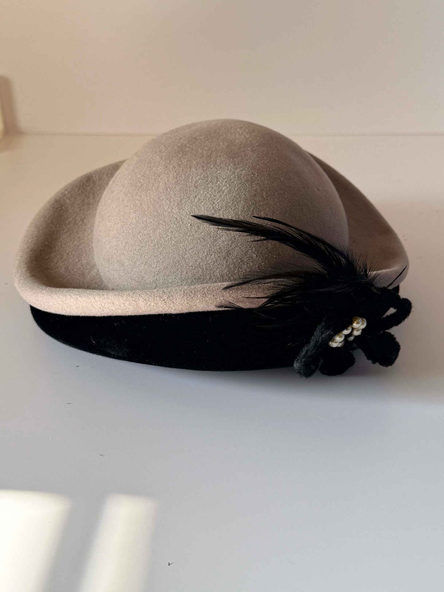 Vintage 1940s Glenover Hat Black Velvet Taupe Felt Tilt Hat Feather Pearl Trim WWII Era Women's Millinery