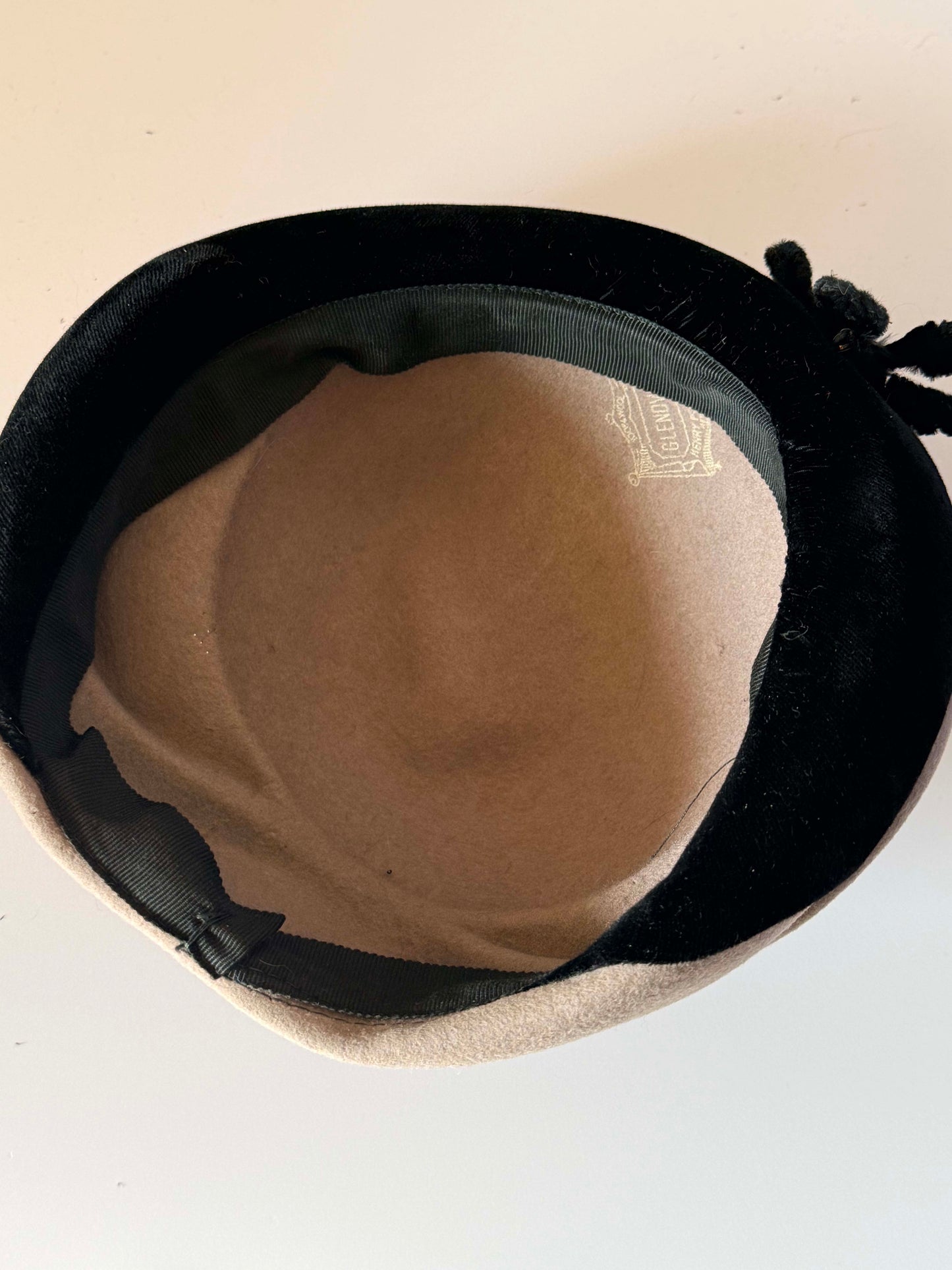 Vintage 1940s Glenover Hat Black Velvet Taupe Felt Tilt Hat Feather Pearl Trim WWII Era Women's Millinery