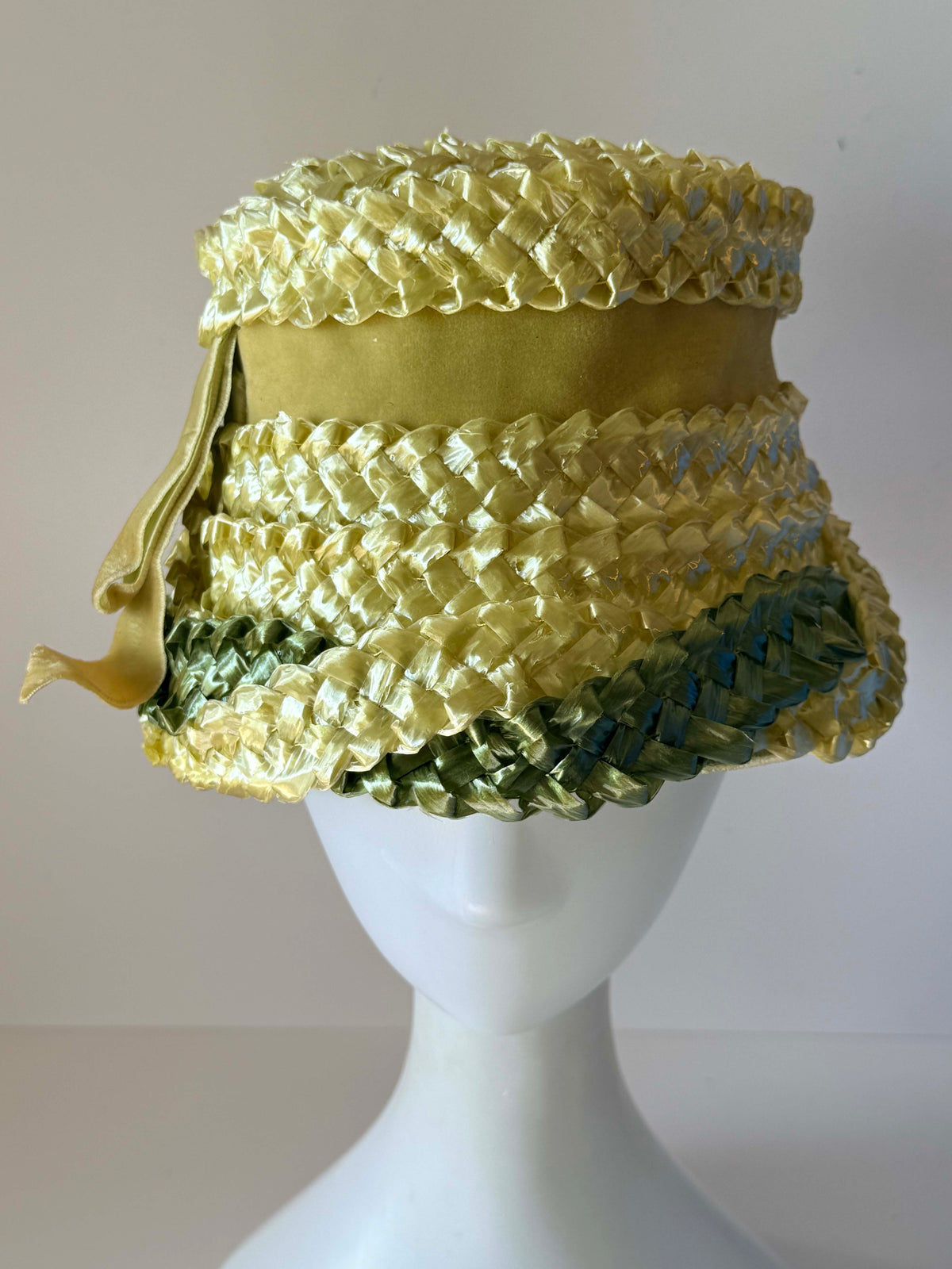 Vintage 1950s Chartreuse Green Woven Straw Hat Sculptural Tilt Hat Velvet Ribbon Mid Century Millinery