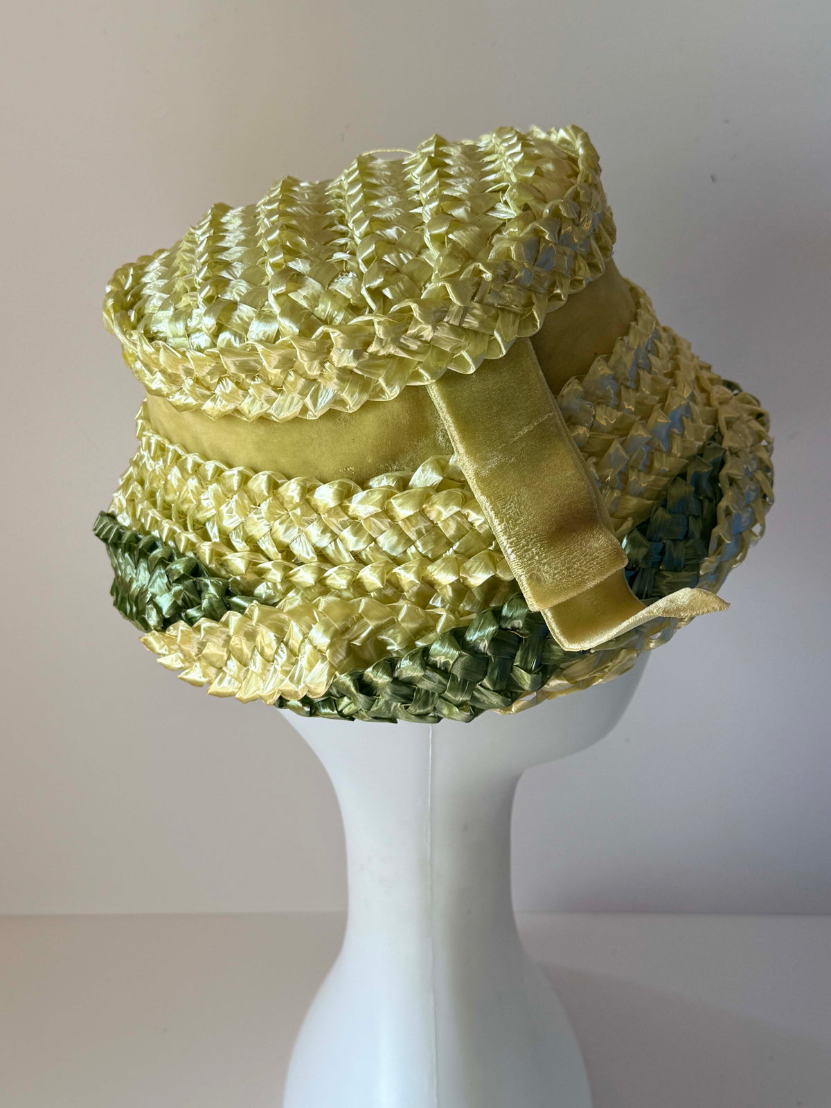 Vintage 1950s Chartreuse Green Woven Straw Hat Sculptural Tilt Hat Velvet Ribbon Mid Century Millinery