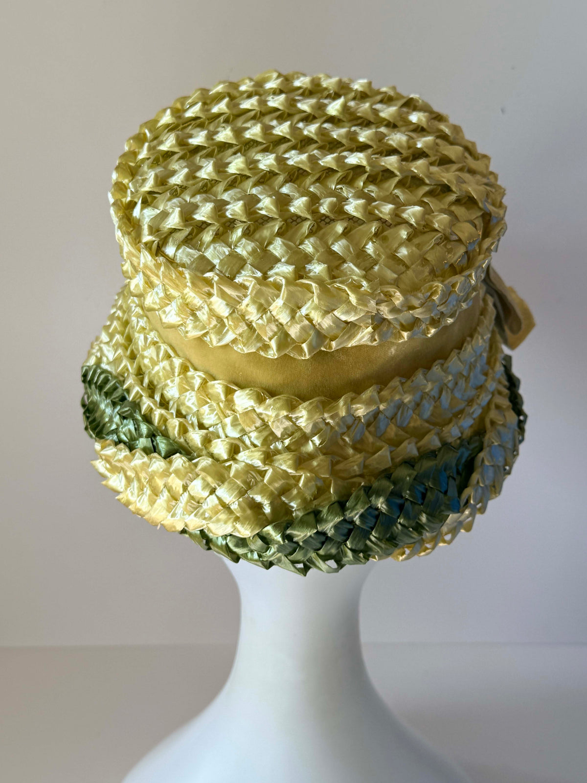 Vintage 1950s Chartreuse Green Woven Straw Hat Sculptural Tilt Hat Velvet Ribbon Mid Century Millinery