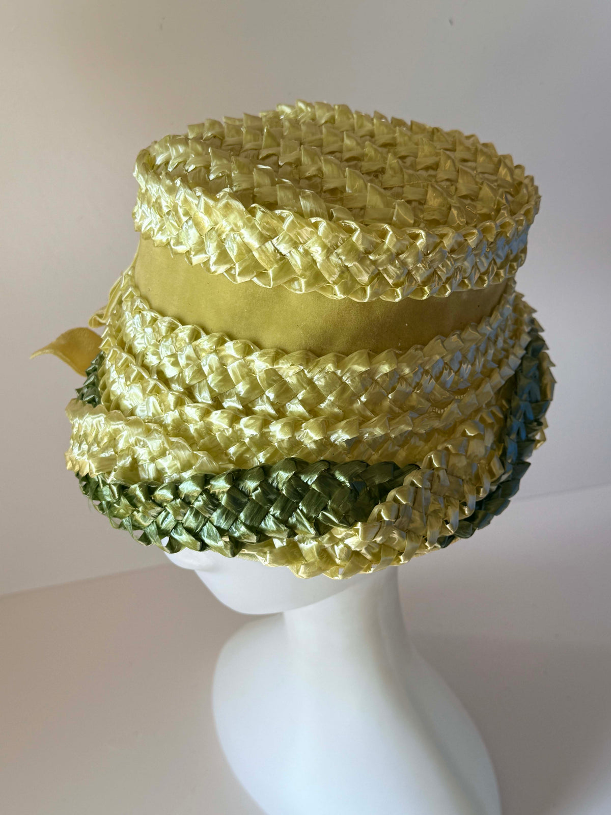 Vintage 1950s Chartreuse Green Woven Straw Hat Sculptural Tilt Hat Velvet Ribbon Mid Century Millinery