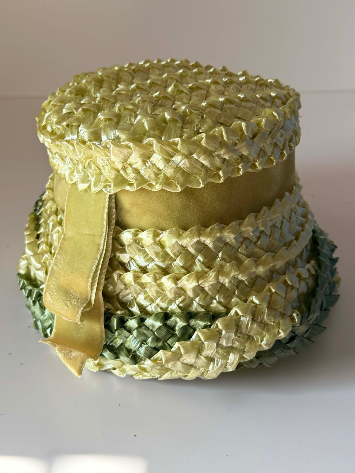 Vintage 1950s Chartreuse Green Woven Straw Hat Sculptural Tilt Hat Velvet Ribbon Mid Century Millinery