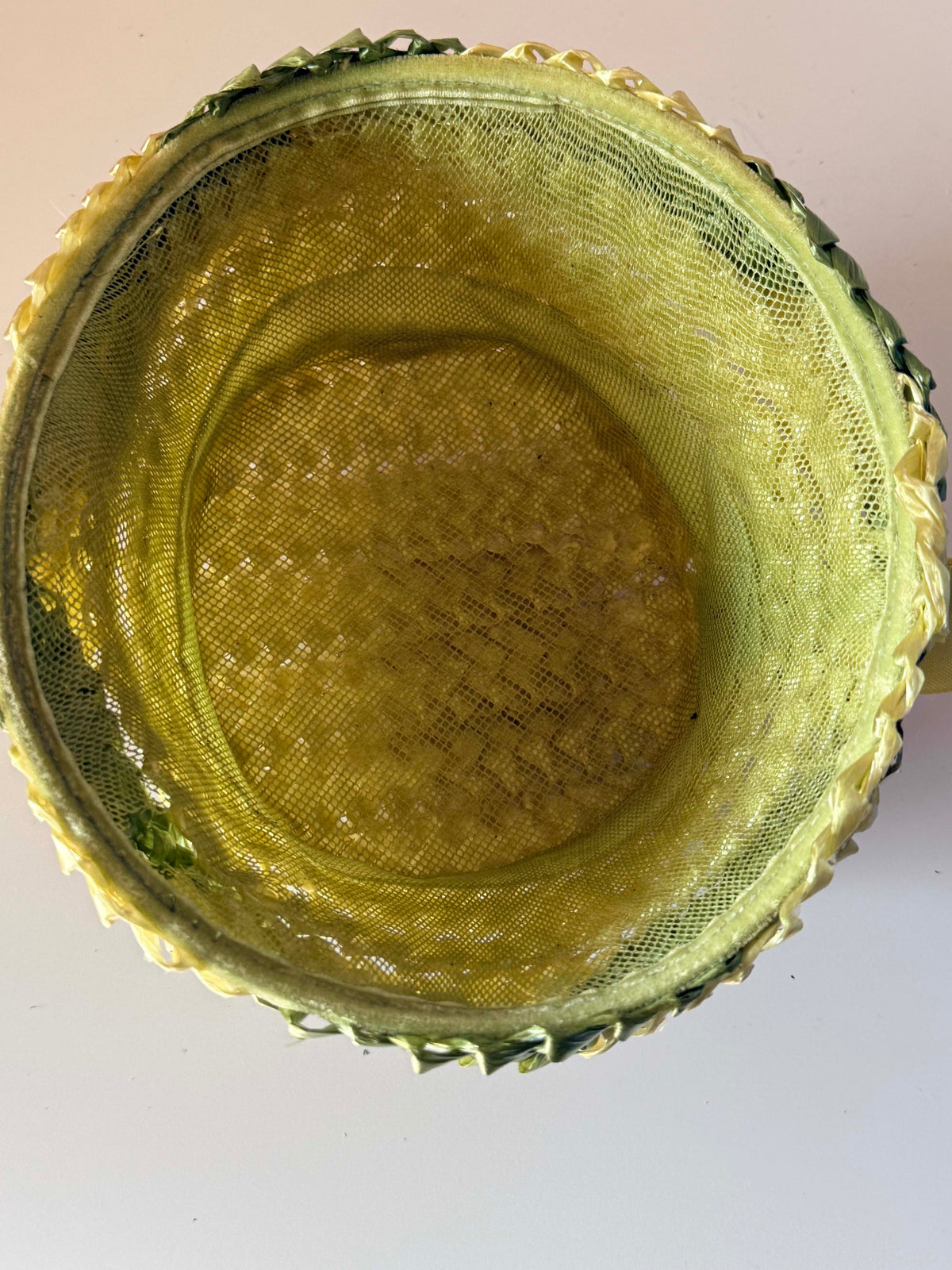 Vintage 1950s Chartreuse Green Woven Straw Hat Sculptural Tilt Hat Velvet Ribbon Mid Century Millinery