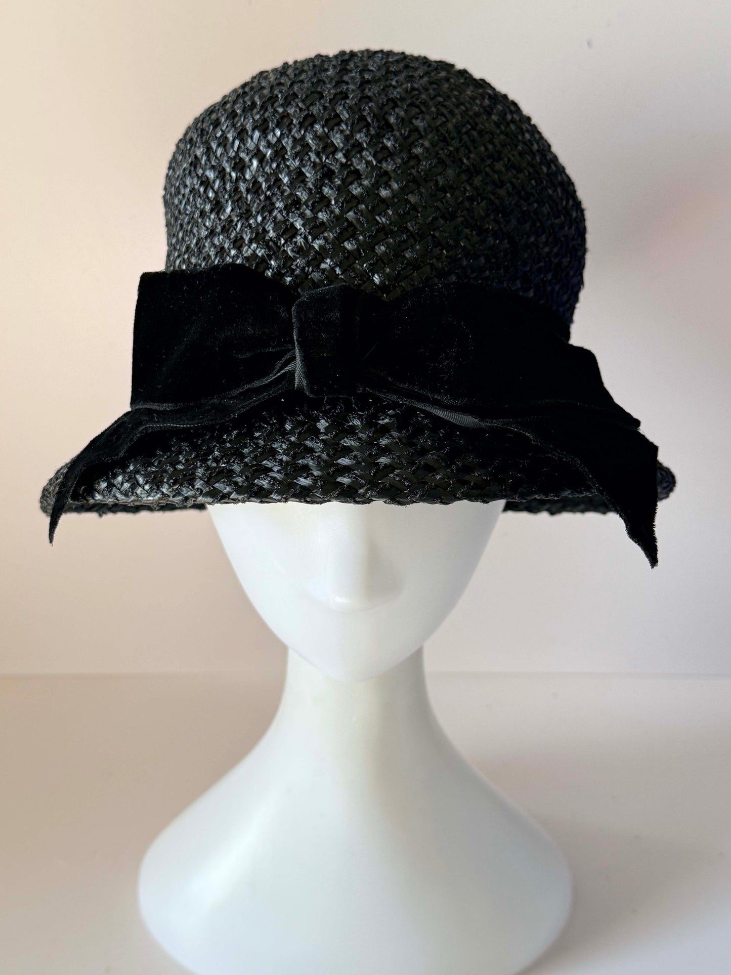 Vintage 1950s Black Straw Cloche Hat Velvet Bow Union Made Mid Century Women's Woven Hat