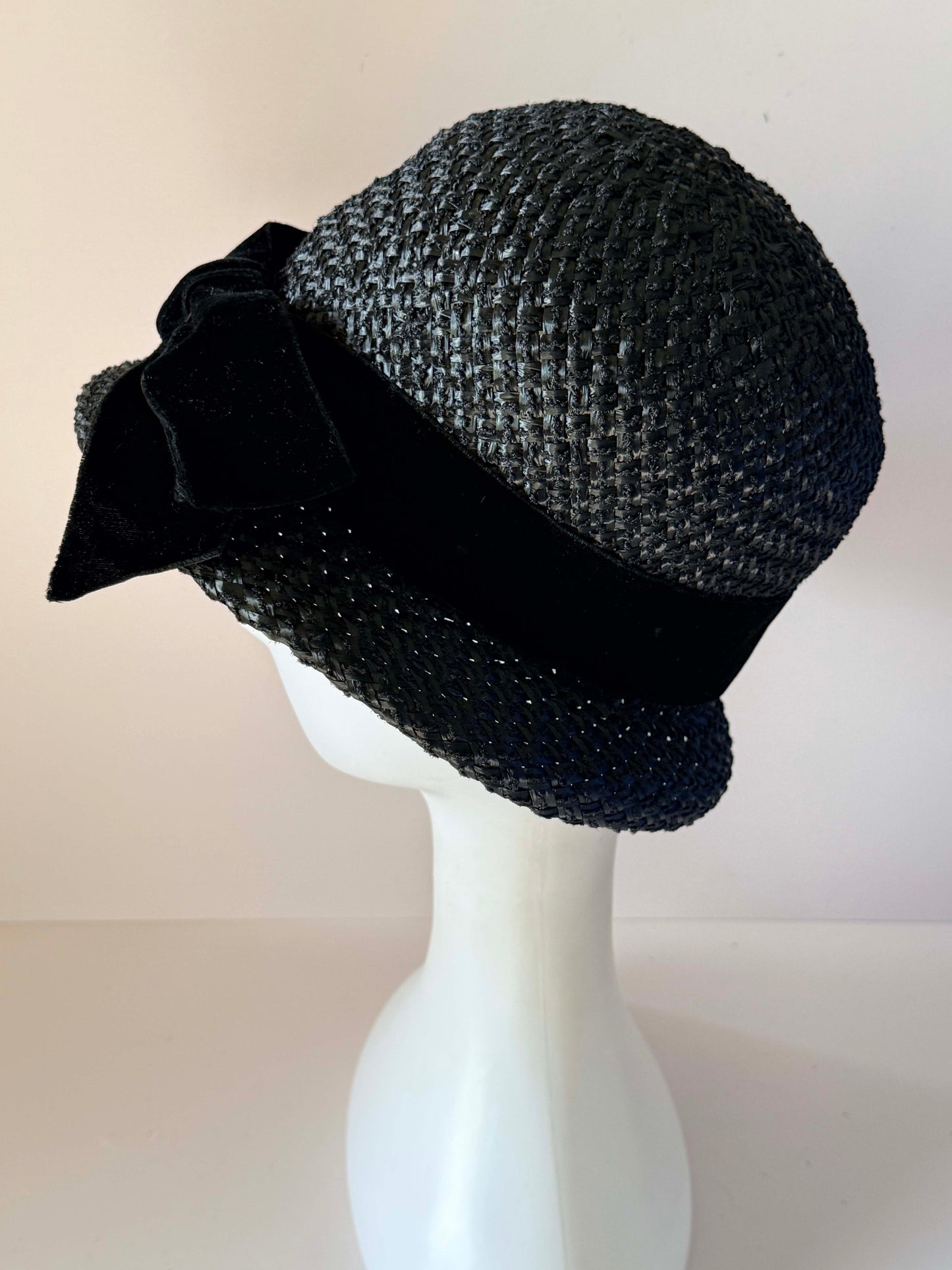 Vintage 1950s Black Straw Cloche Hat Velvet Bow Union Made Mid Century Women's Woven Hat