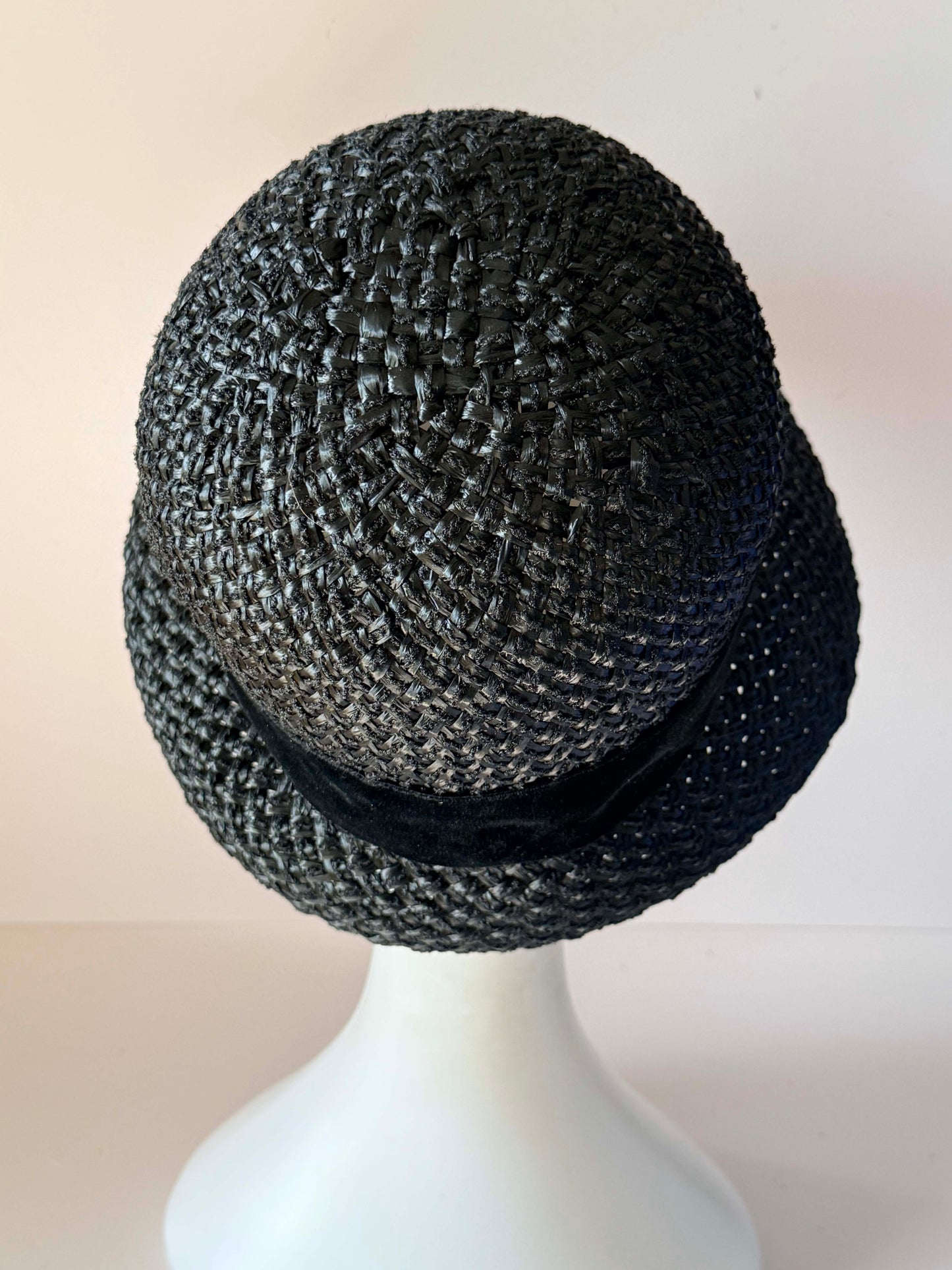 Vintage 1950s Black Straw Cloche Hat Velvet Bow Union Made Mid Century Women's Woven Hat