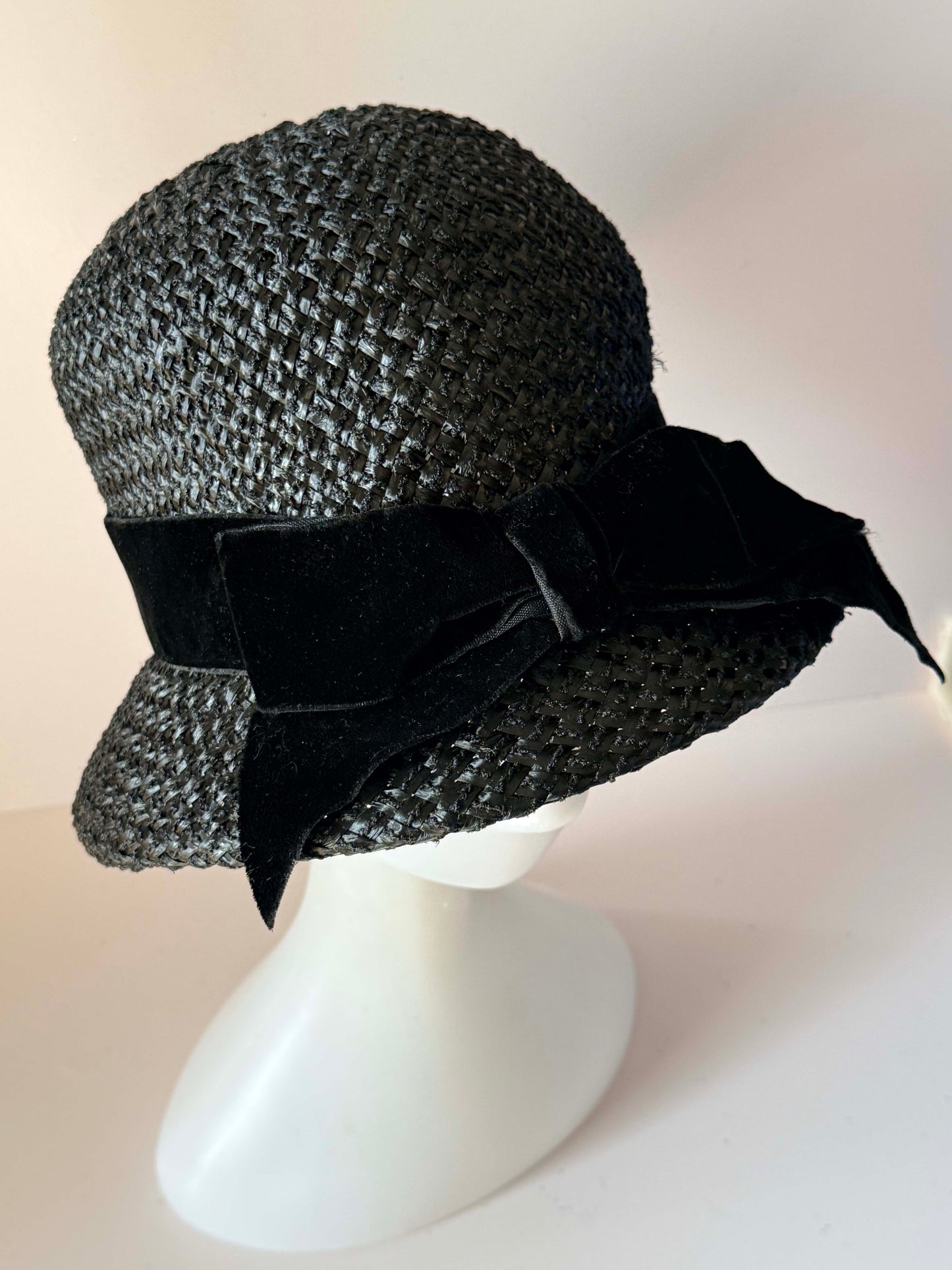 Vintage 1950s Black Straw Cloche Hat Velvet Bow Union Made Mid Century Women's Woven Hat