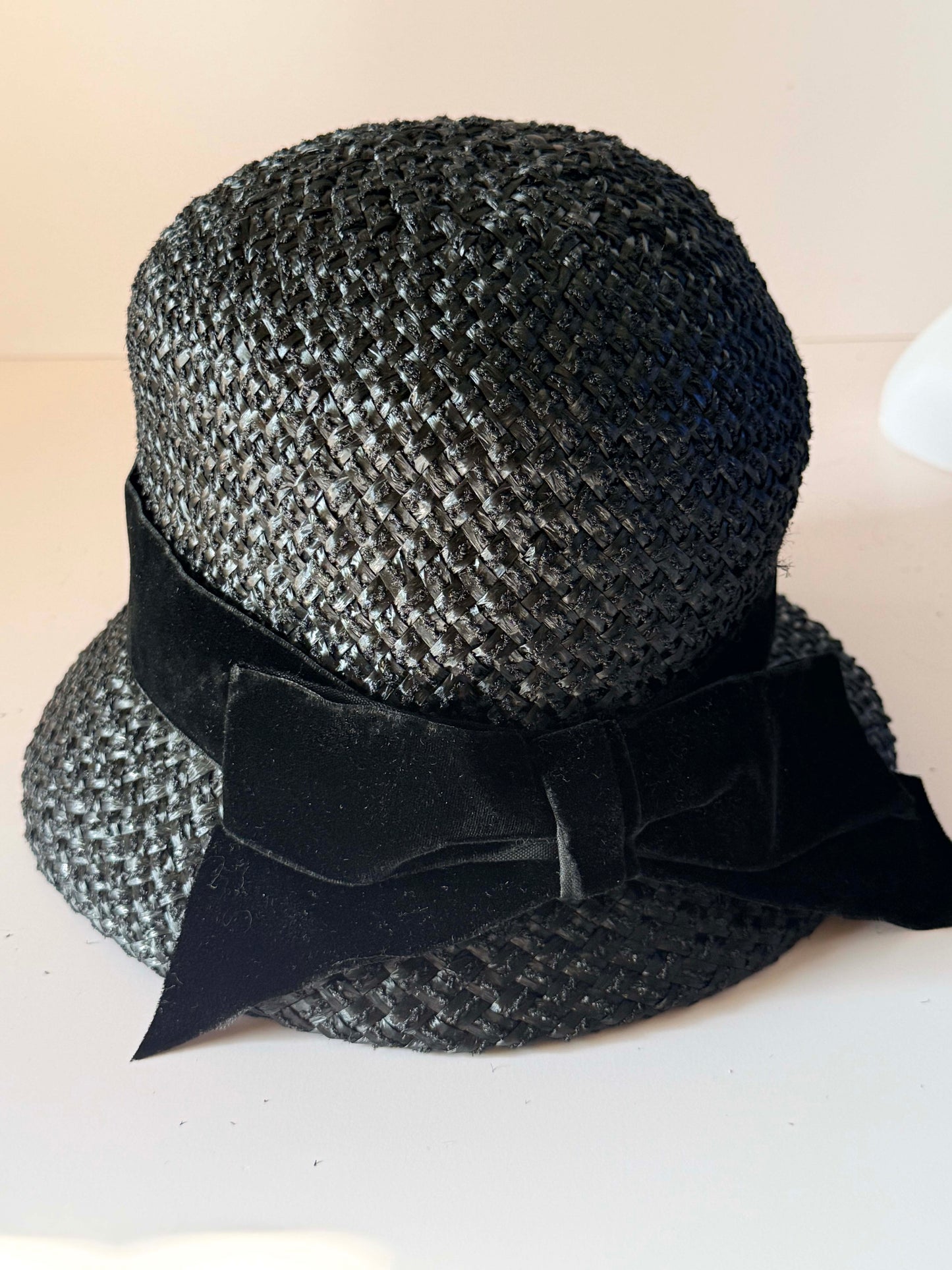Vintage 1950s Black Straw Cloche Hat Velvet Bow Union Made Mid Century Women's Woven Hat