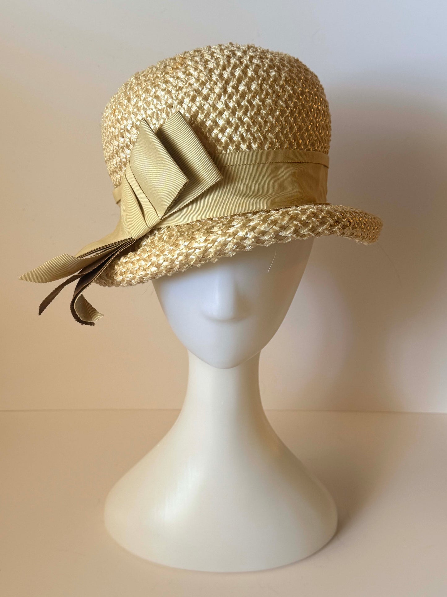 1960s Butter Yello Straw Cloche Hat | Woven Natural Raffia Ribbon Bow Hat | Vintage Summer Hat Garden Party Wedding