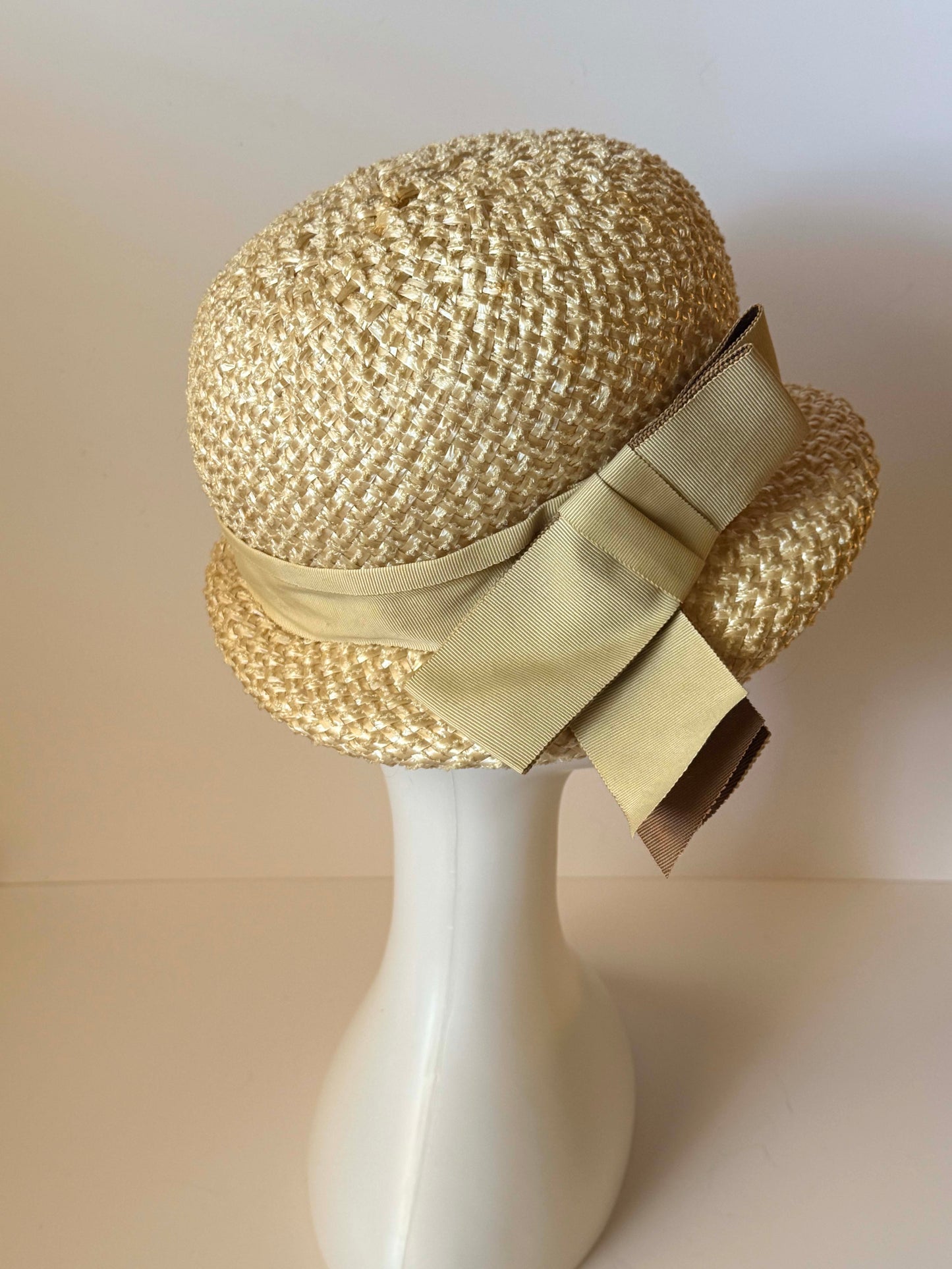 1960s Butter Yello Straw Cloche Hat | Woven Natural Raffia Ribbon Bow Hat | Vintage Summer Hat Garden Party Wedding