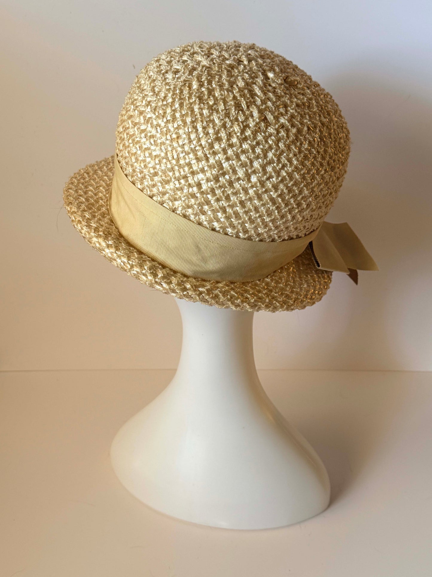 1960s Butter Yello Straw Cloche Hat | Woven Natural Raffia Ribbon Bow Hat | Vintage Summer Hat Garden Party Wedding