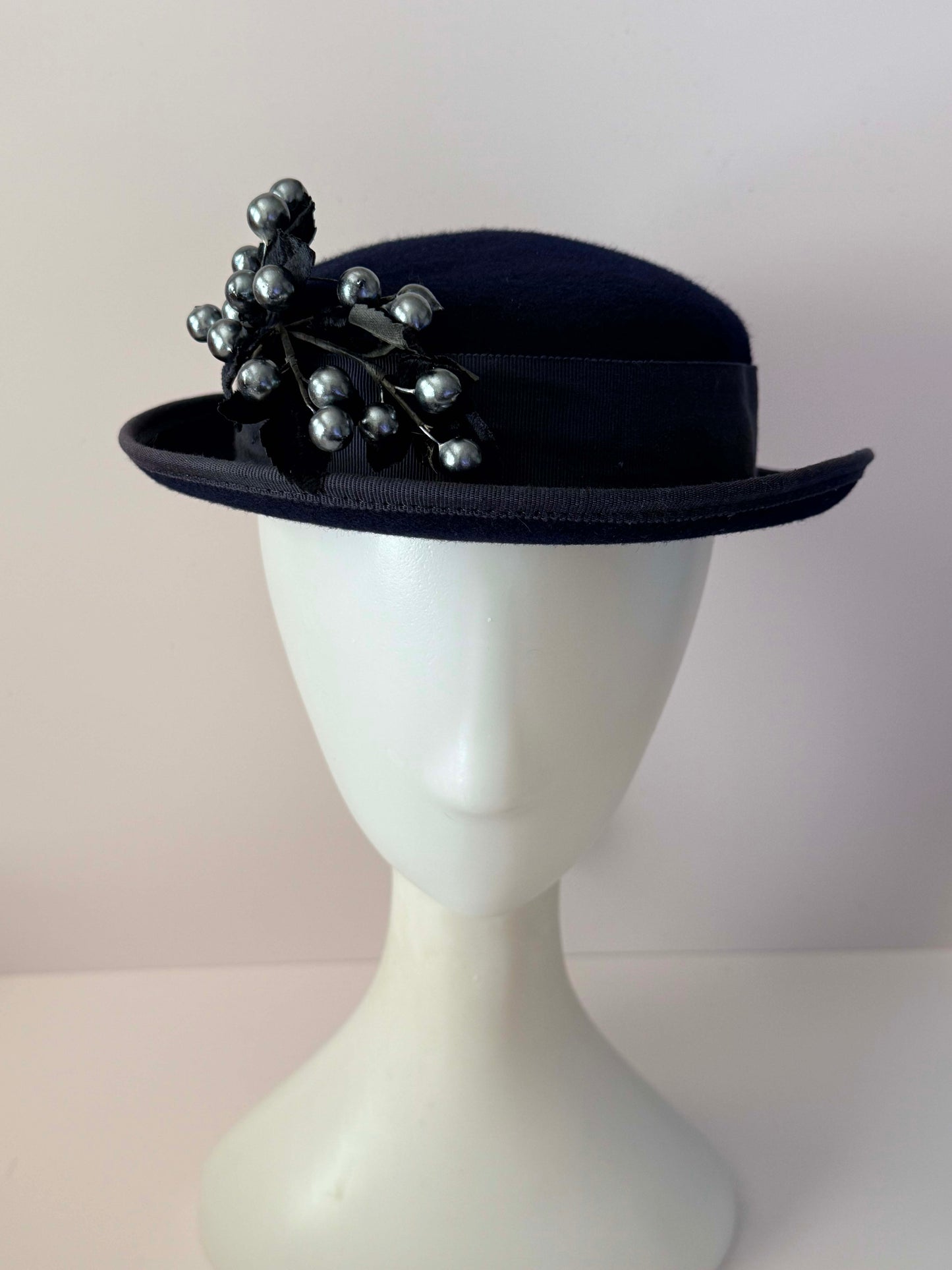 Vintage 1950s Navy Blue Wool Felt Hat Glamour Felt Metallic Berry Trim Mid Century Womens Hat