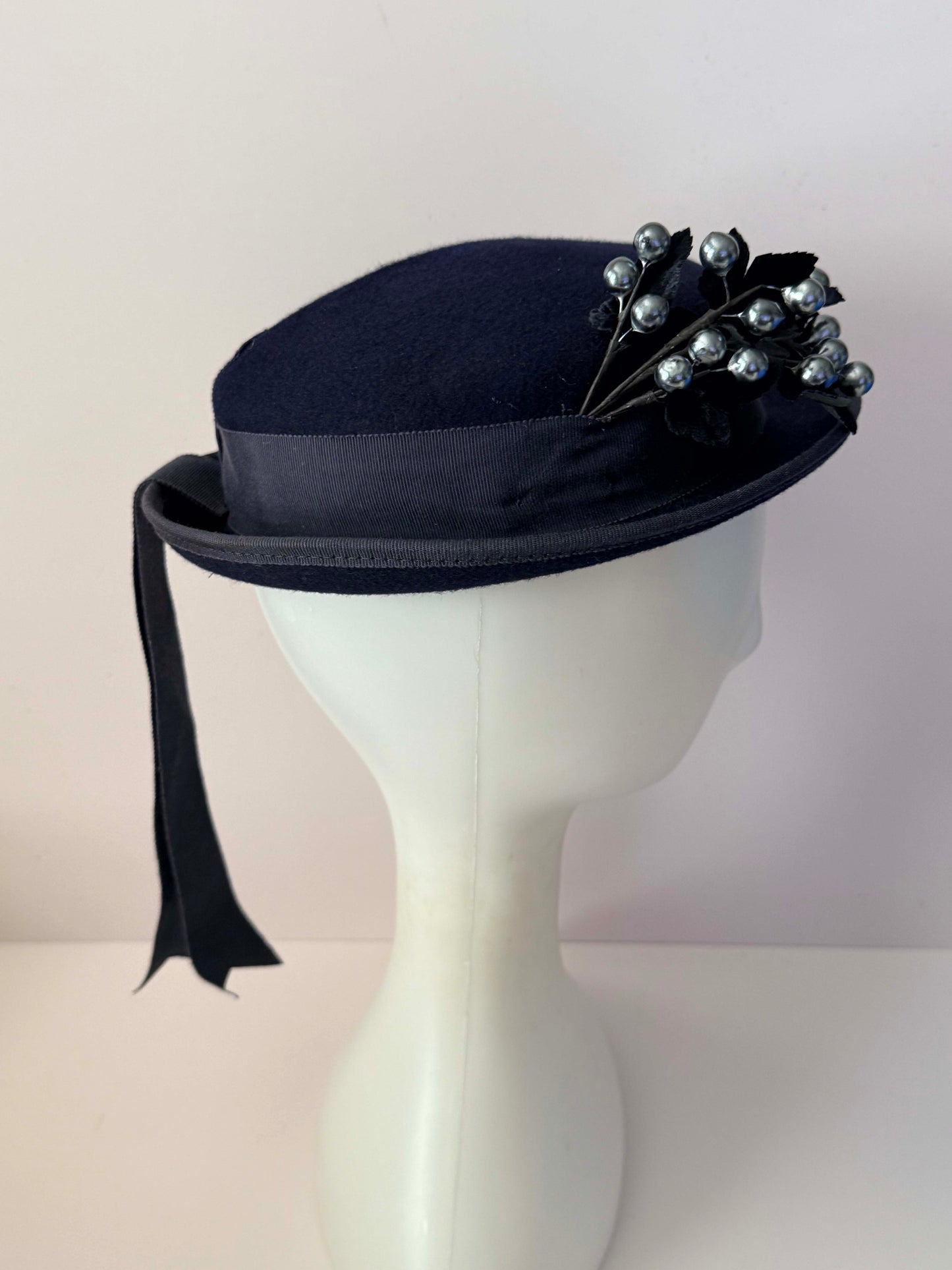 Vintage 1950s Navy Blue Wool Felt Hat Glamour Felt Metallic Berry Trim Mid Century Womens Hat