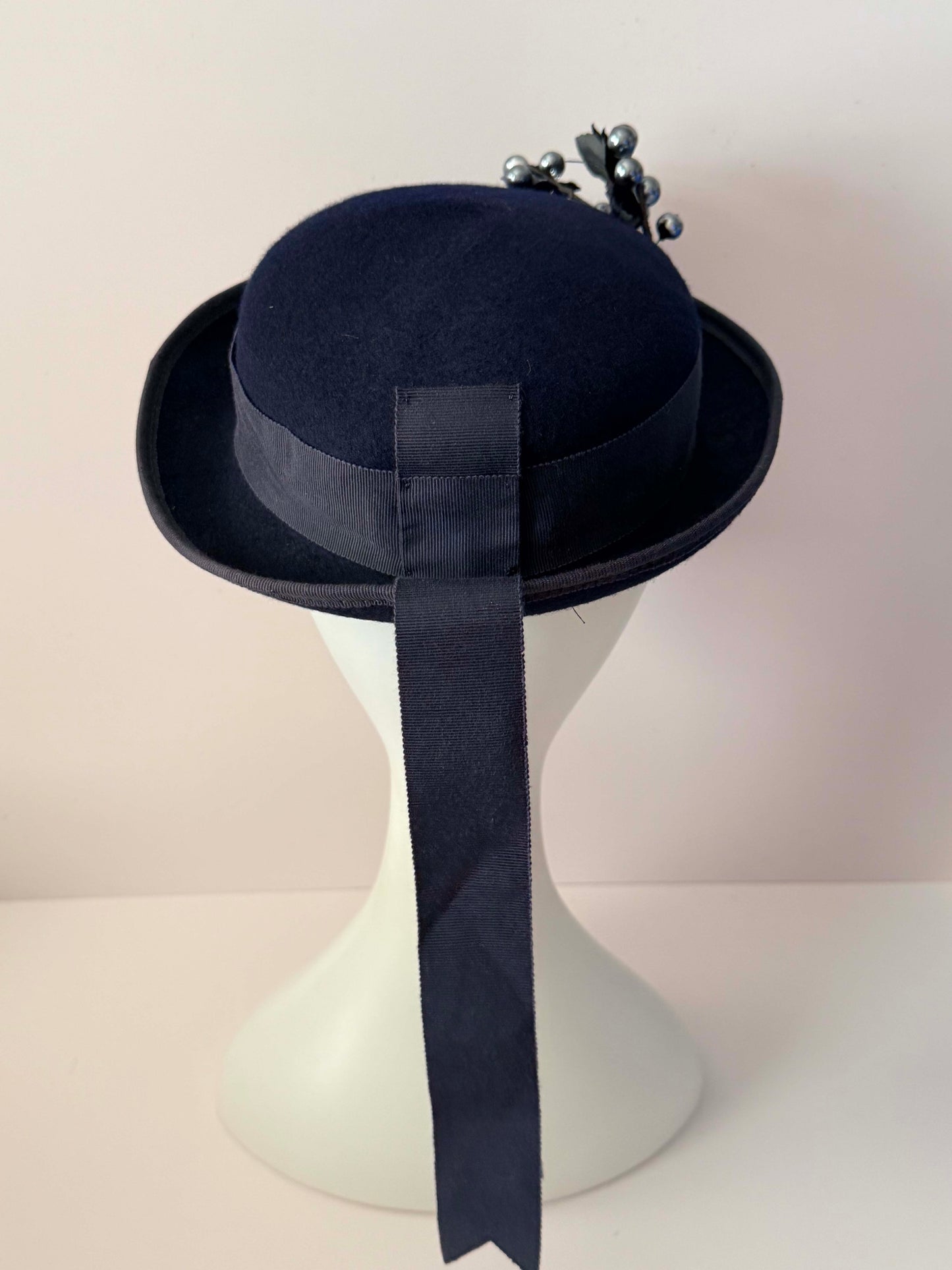 Vintage 1950s Navy Blue Wool Felt Hat Glamour Felt Metallic Berry Trim Mid Century Womens Hat