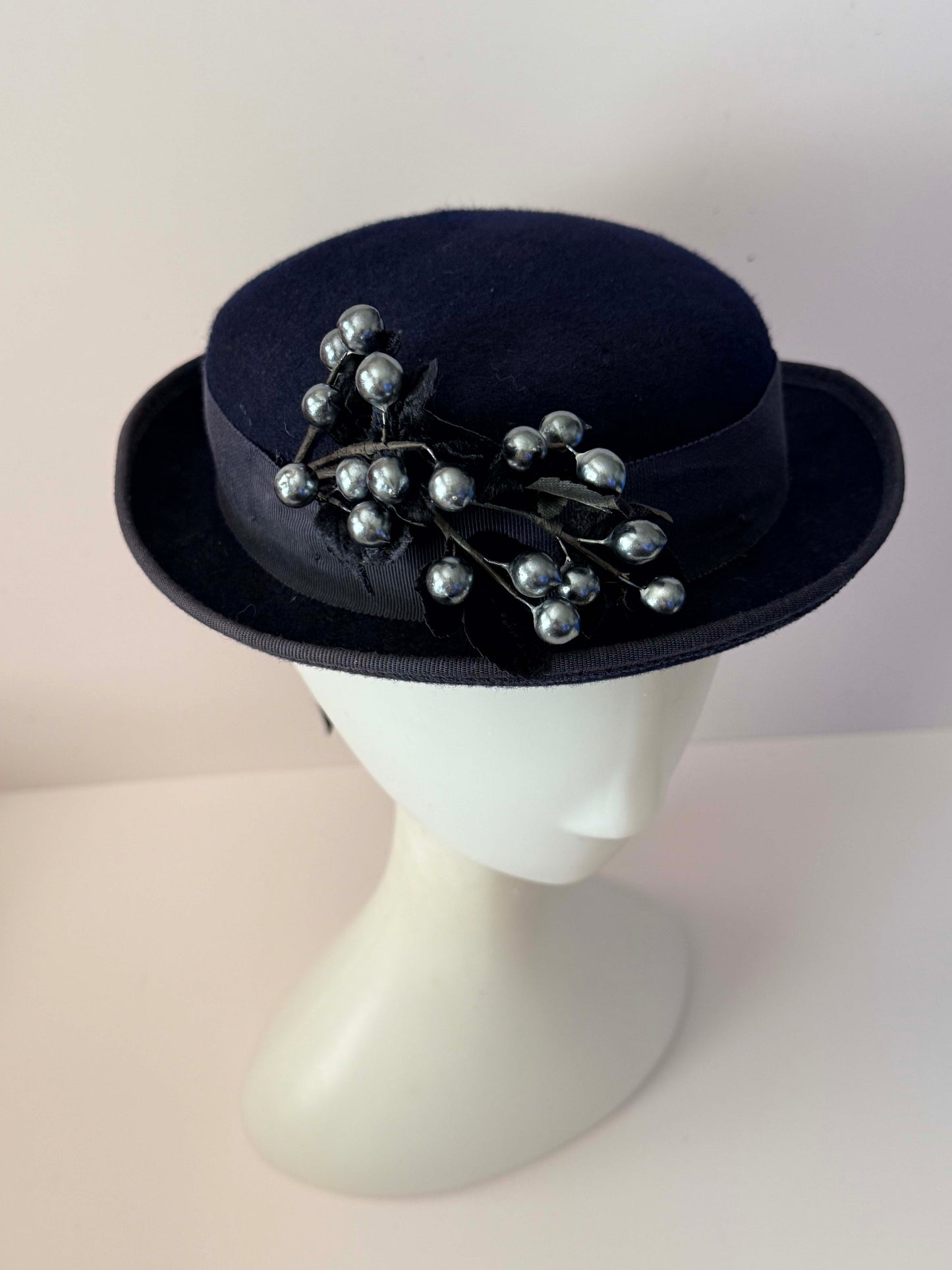 Vintage 1950s Navy Blue Wool Felt Hat Glamour Felt Metallic Berry Trim Mid Century Womens Hat