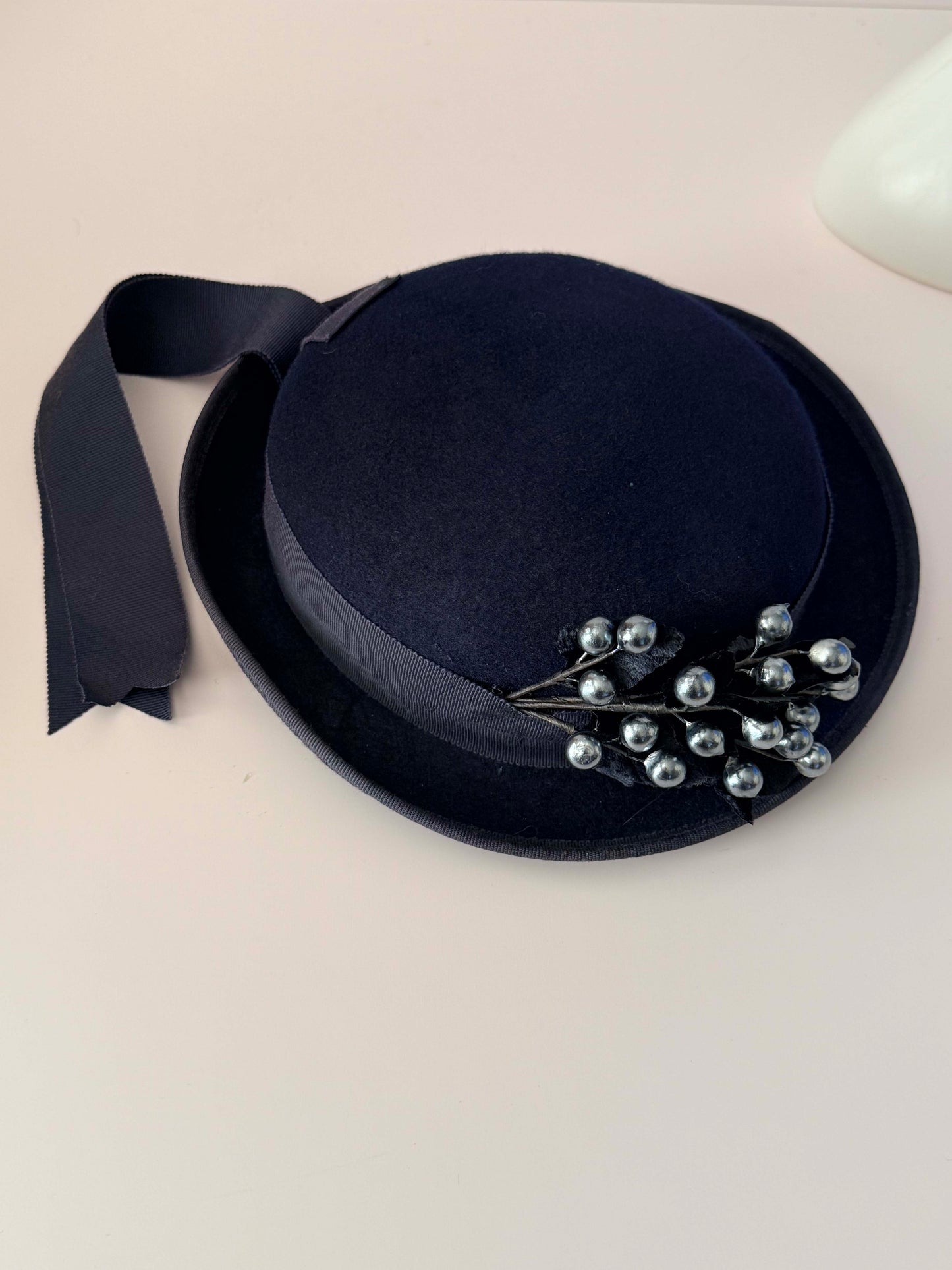 Vintage 1950s Navy Blue Wool Felt Hat Glamour Felt Metallic Berry Trim Mid Century Womens Hat