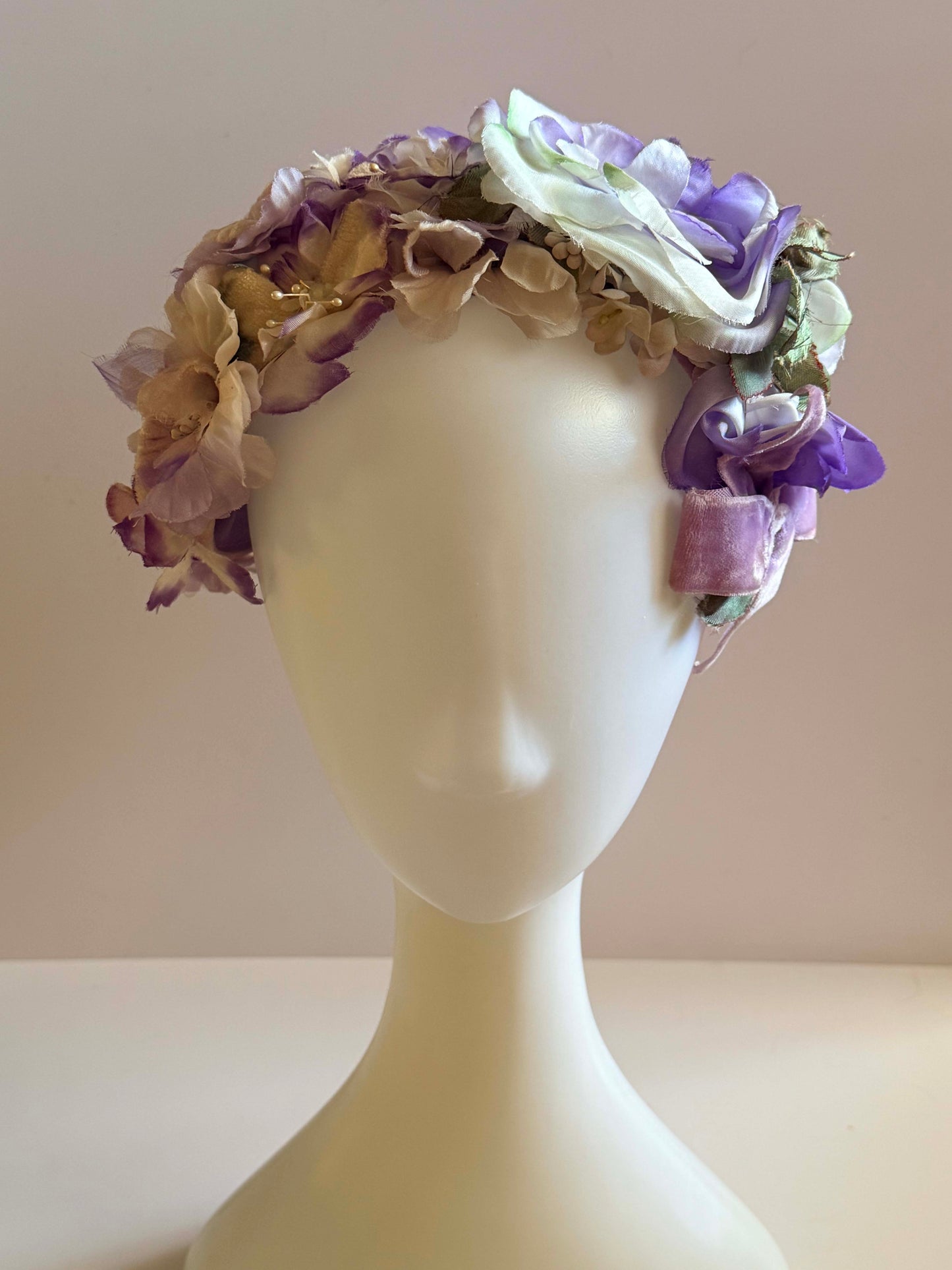 1950s Marshall Field & Company Floral Hat Purple Ivory Silk Flower Cap Vintage Garden Party Hat