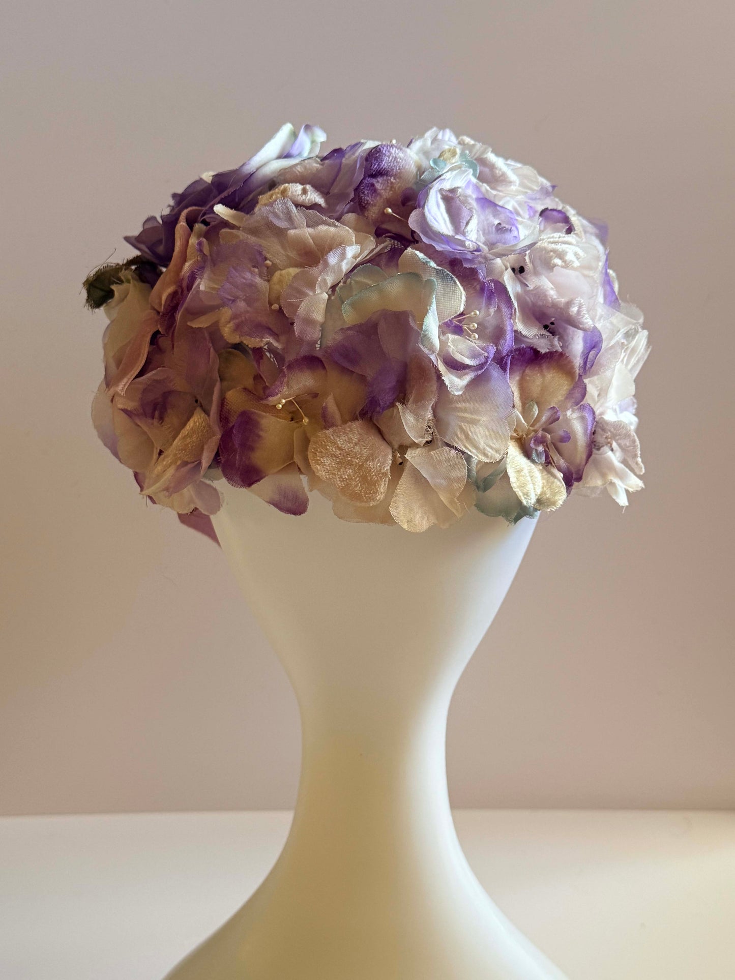 1950s Marshall Field & Company Floral Hat Purple Ivory Silk Flower Cap Vintage Garden Party Hat