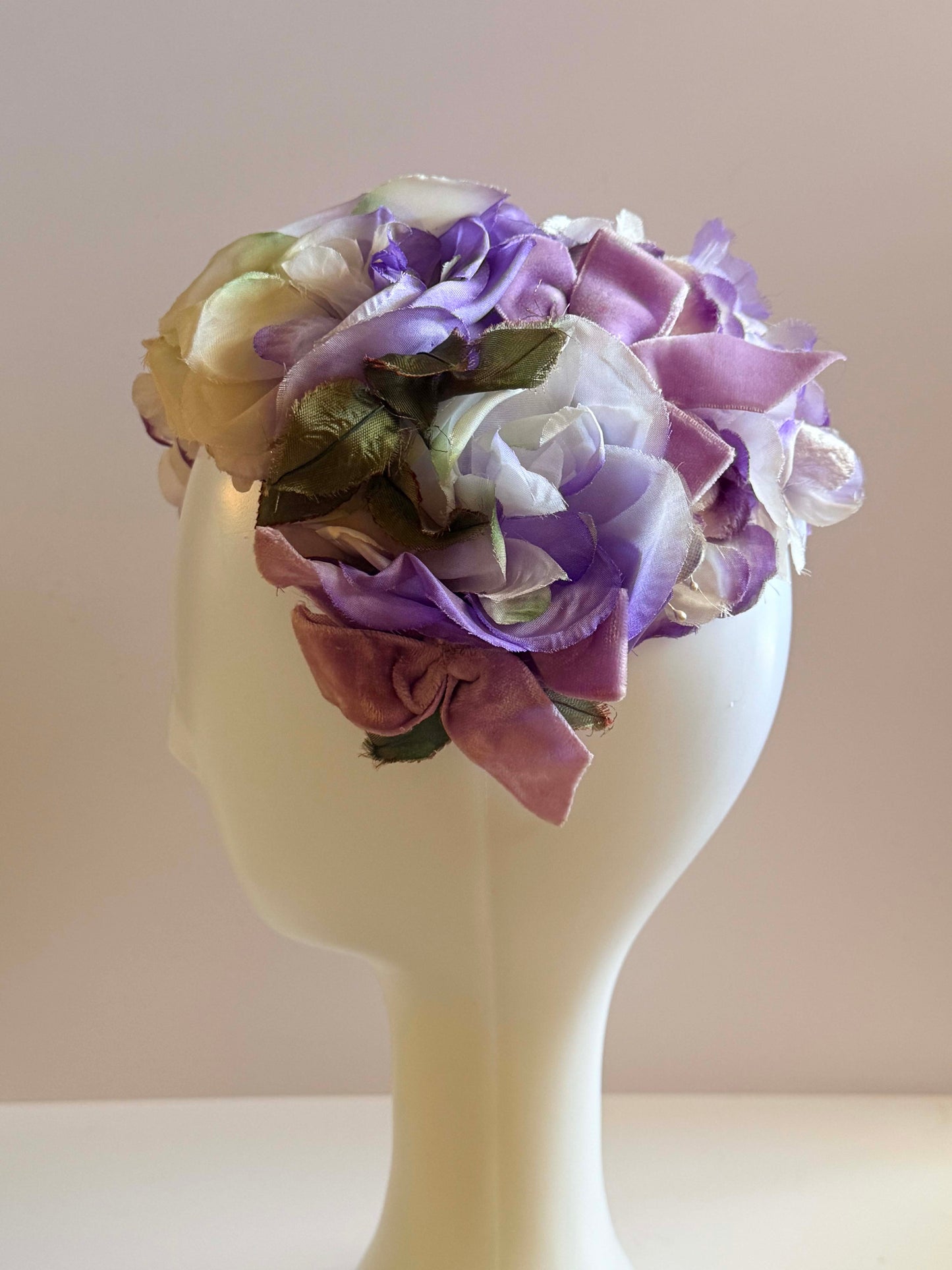 1950s Marshall Field & Company Floral Hat Purple Ivory Silk Flower Cap Vintage Garden Party Hat