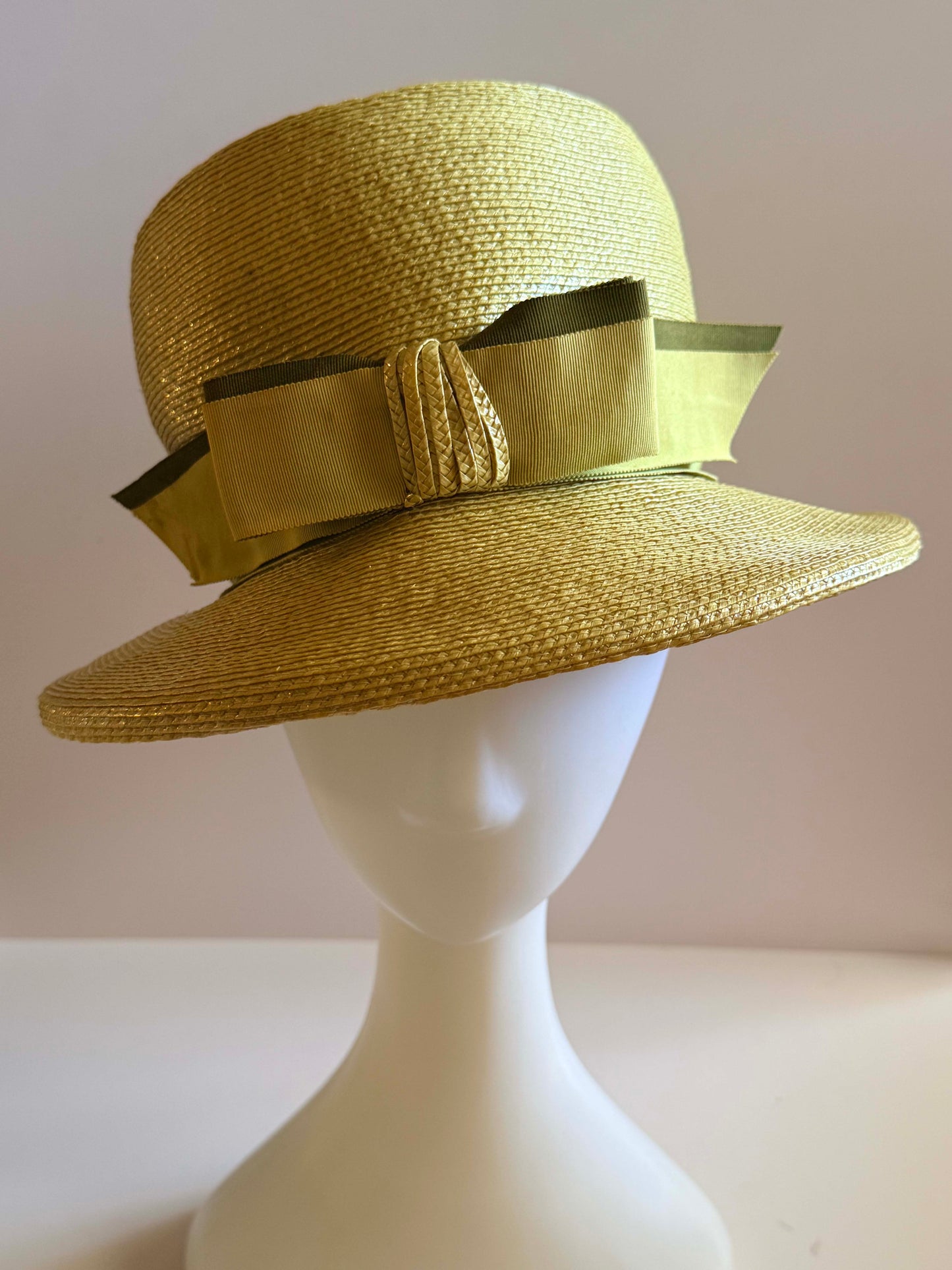 1960s Yellow Straw Boater Hat Wide Brim Ribbon Trim Summer Hat Vintage Structured Straw Hat