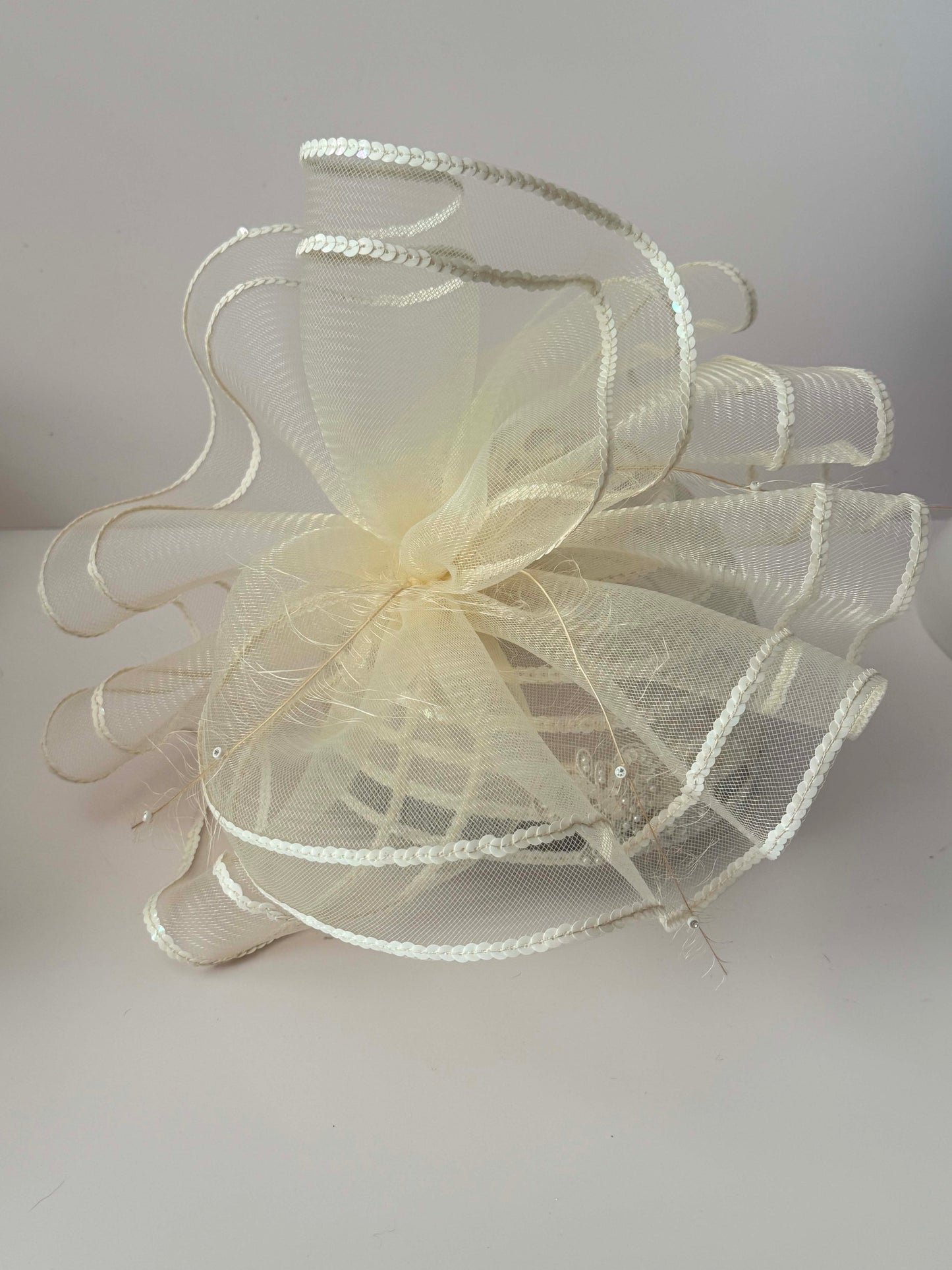 1970s Vintage Ivory Bridal Hat | Sequin Horsehair Ribbon Cocktail Hat | Sculptural Wedding Headpiece